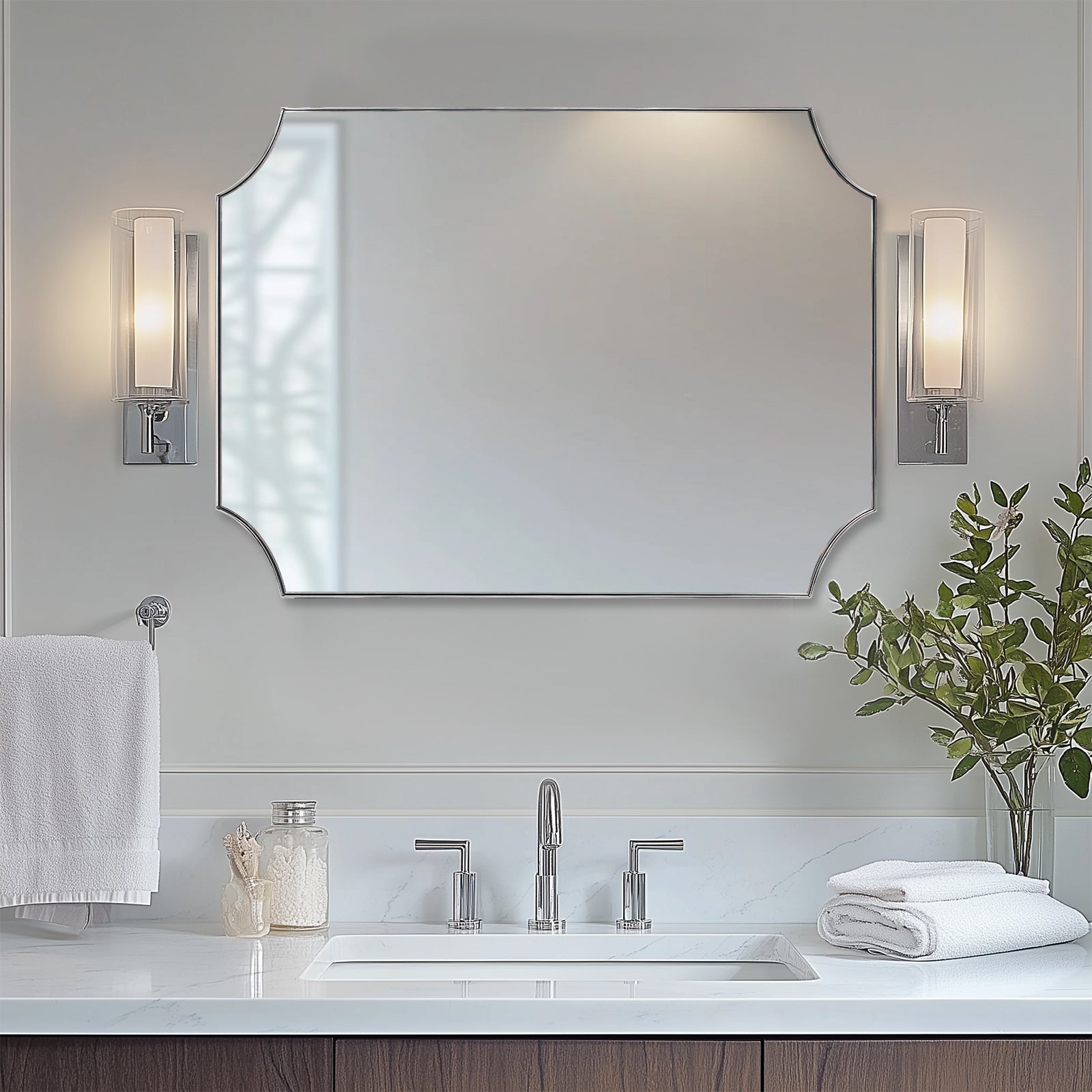 Contemporary Notched Corner Scalloped Rectangle Bathroom Vanity Mirror | Stainless Steel Frame