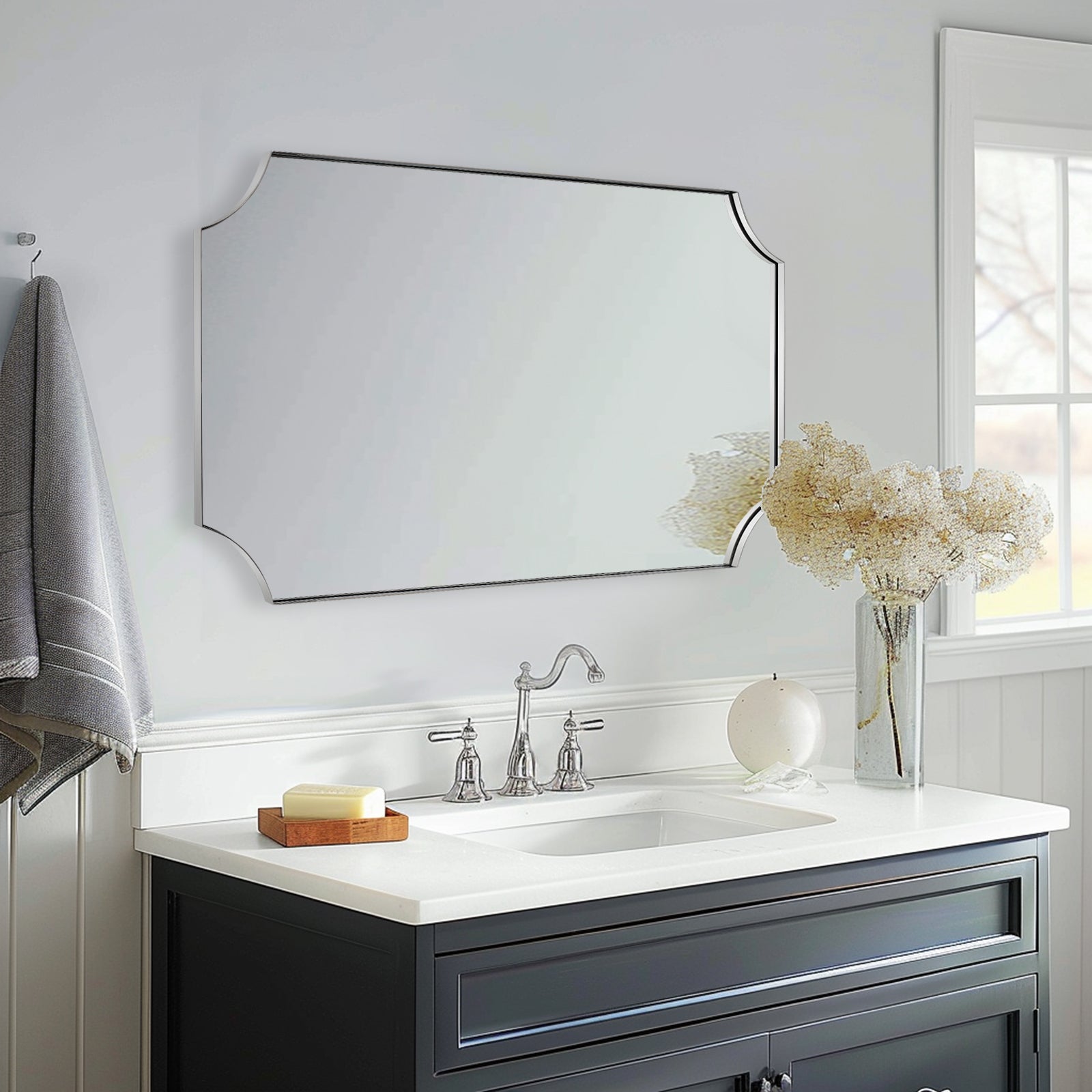 Contemporary Rounded Notched Corner Scalloped Rectangle Bathroom Vanity Mirror | Stainless Steel Frame