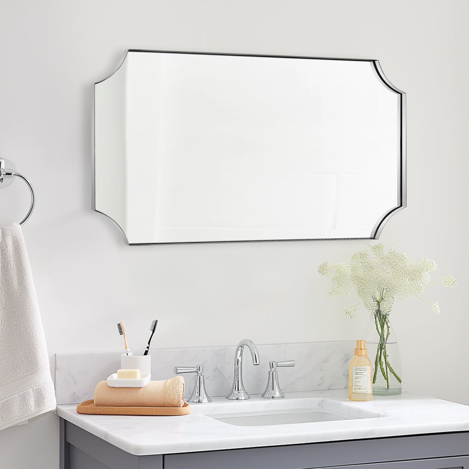 Contemporary Rounded Notched Corner Scalloped Rectangle Bathroom Vanity Mirror | Stainless Steel Frame