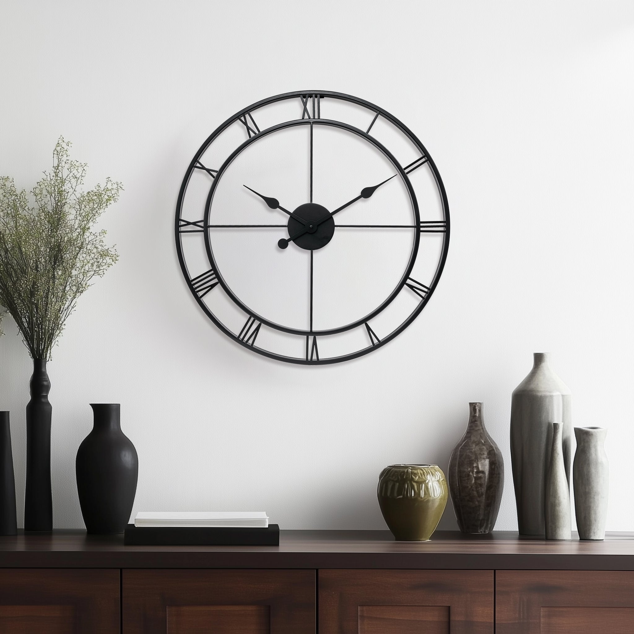 Retro Large Stainless Steel Round Hollow Metal Wall Clock Roman Numerals