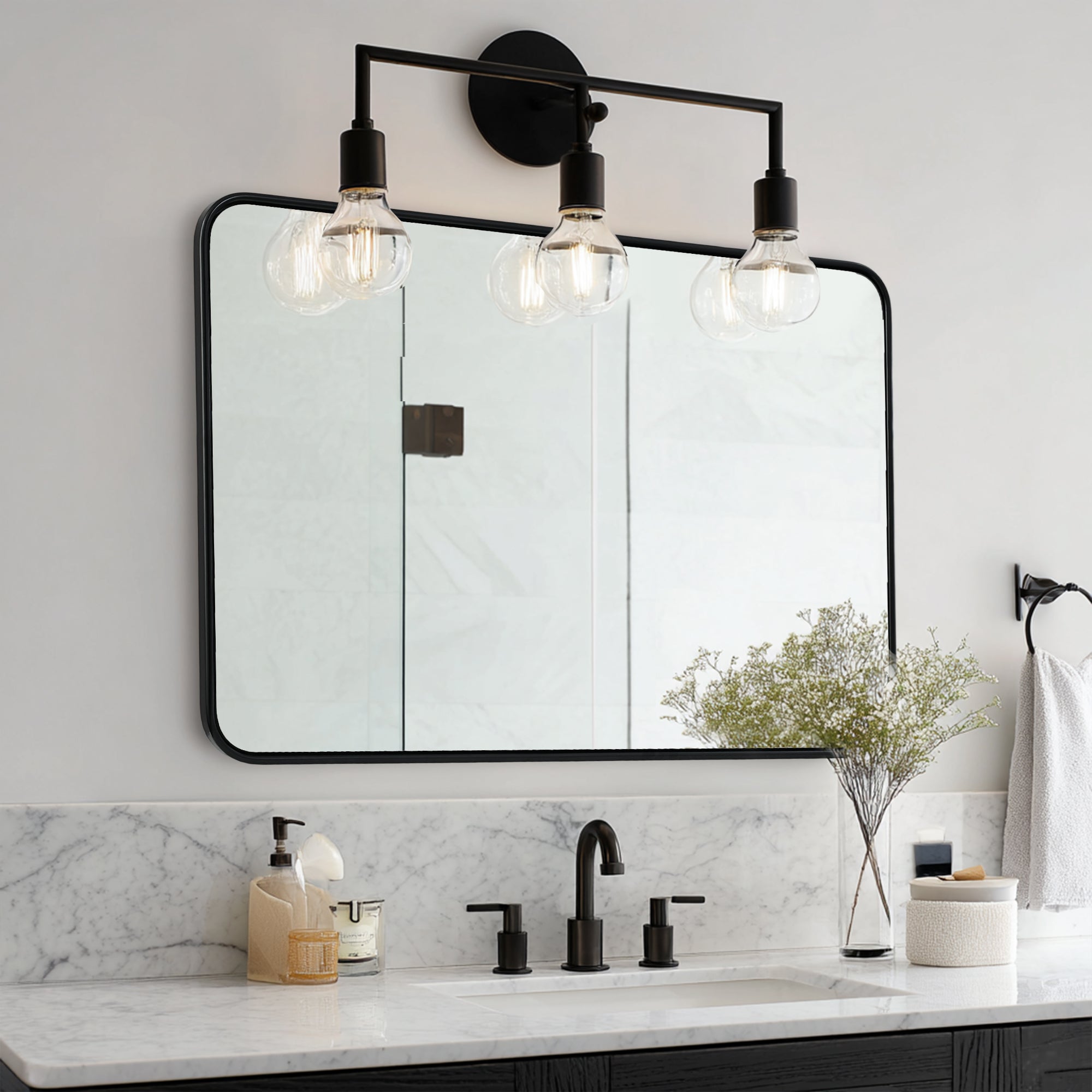 Contemporary Rounded Rectangular Bathroom Mirrors| Stainless Steel Thick Frame
