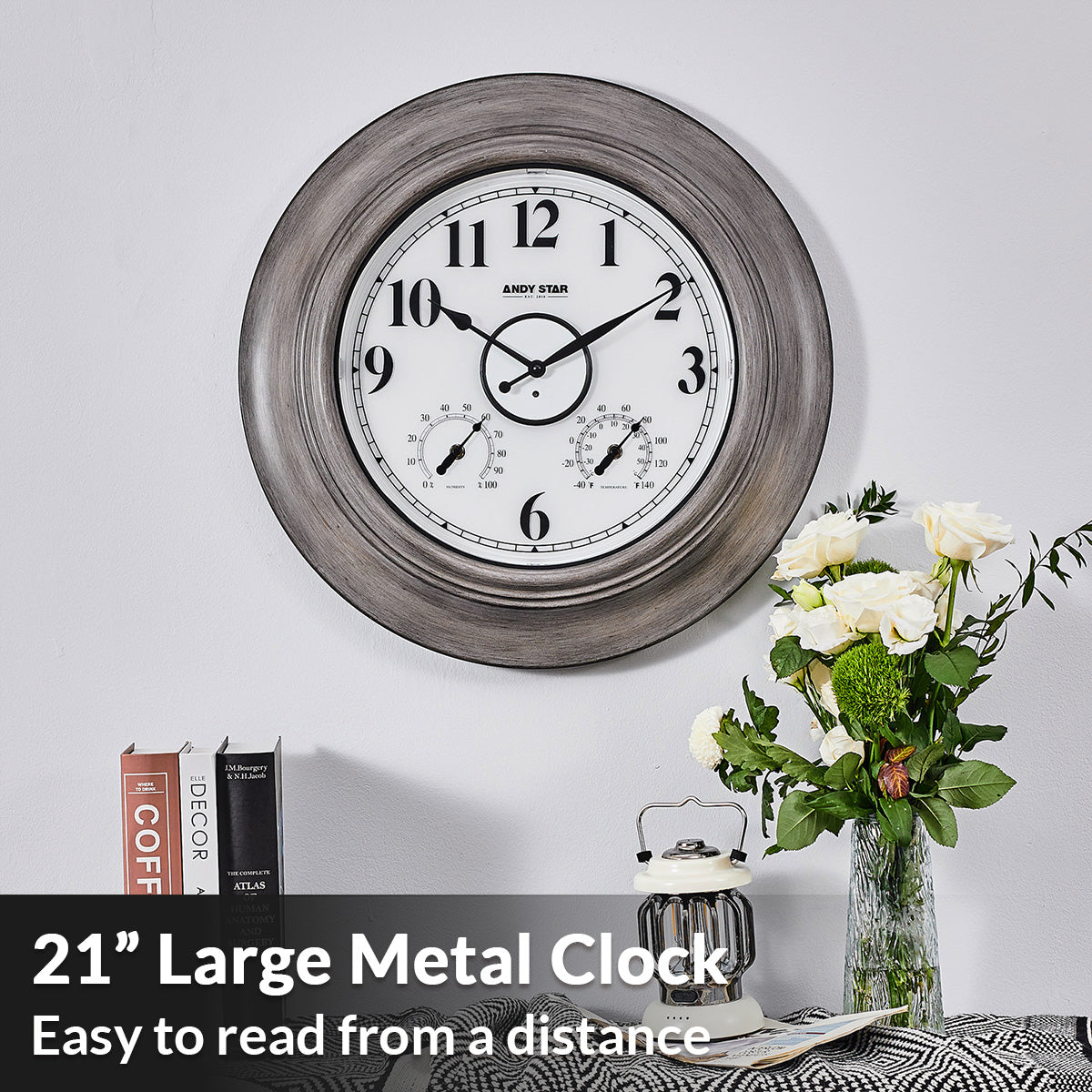 21 inch Oak Illuminated Outdoor Clocks with Thermometer Weatherproof Waterproof