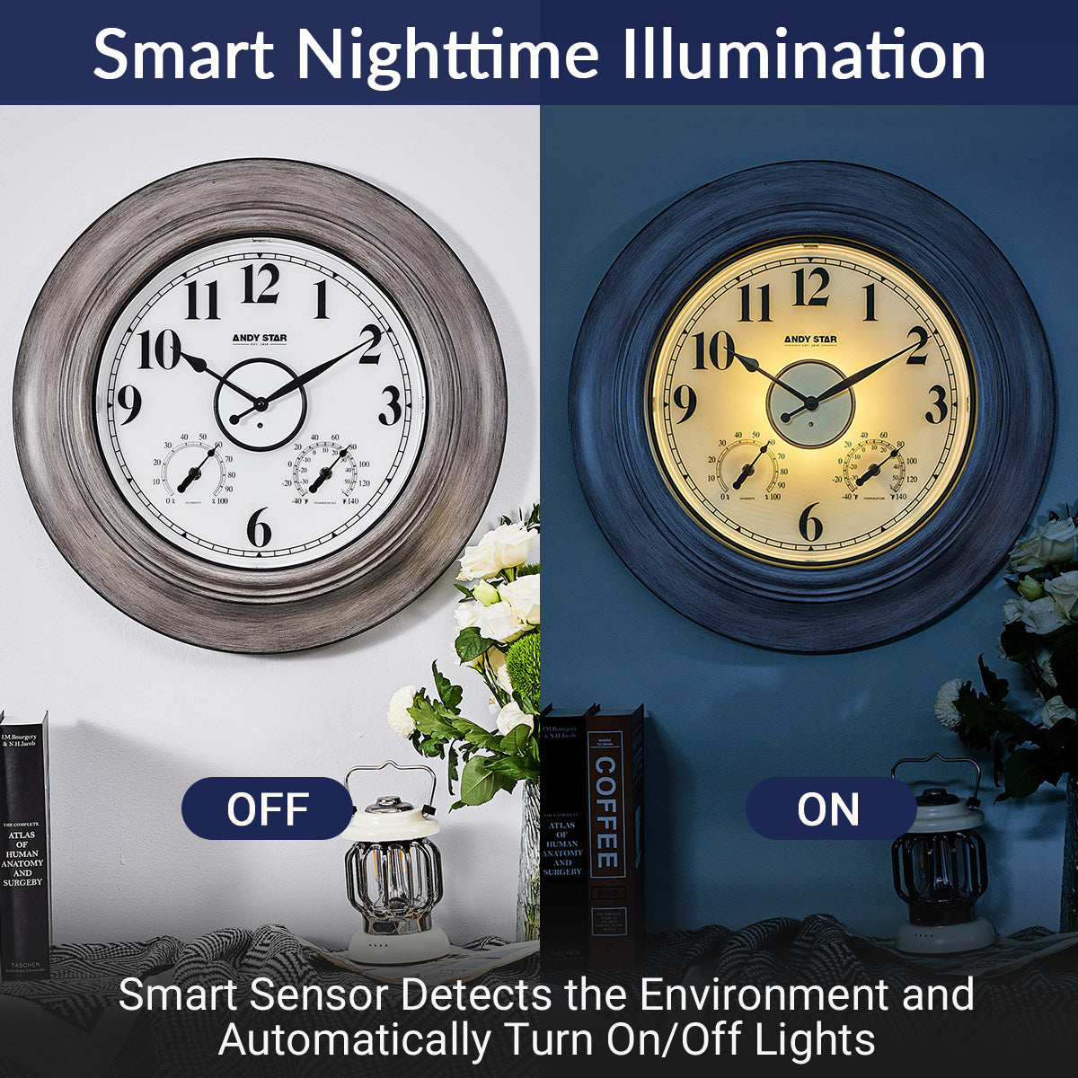 Contemporary Large Outdoor Wall Clock with Thermometer Weatherproof Illuminated ,21 Inch