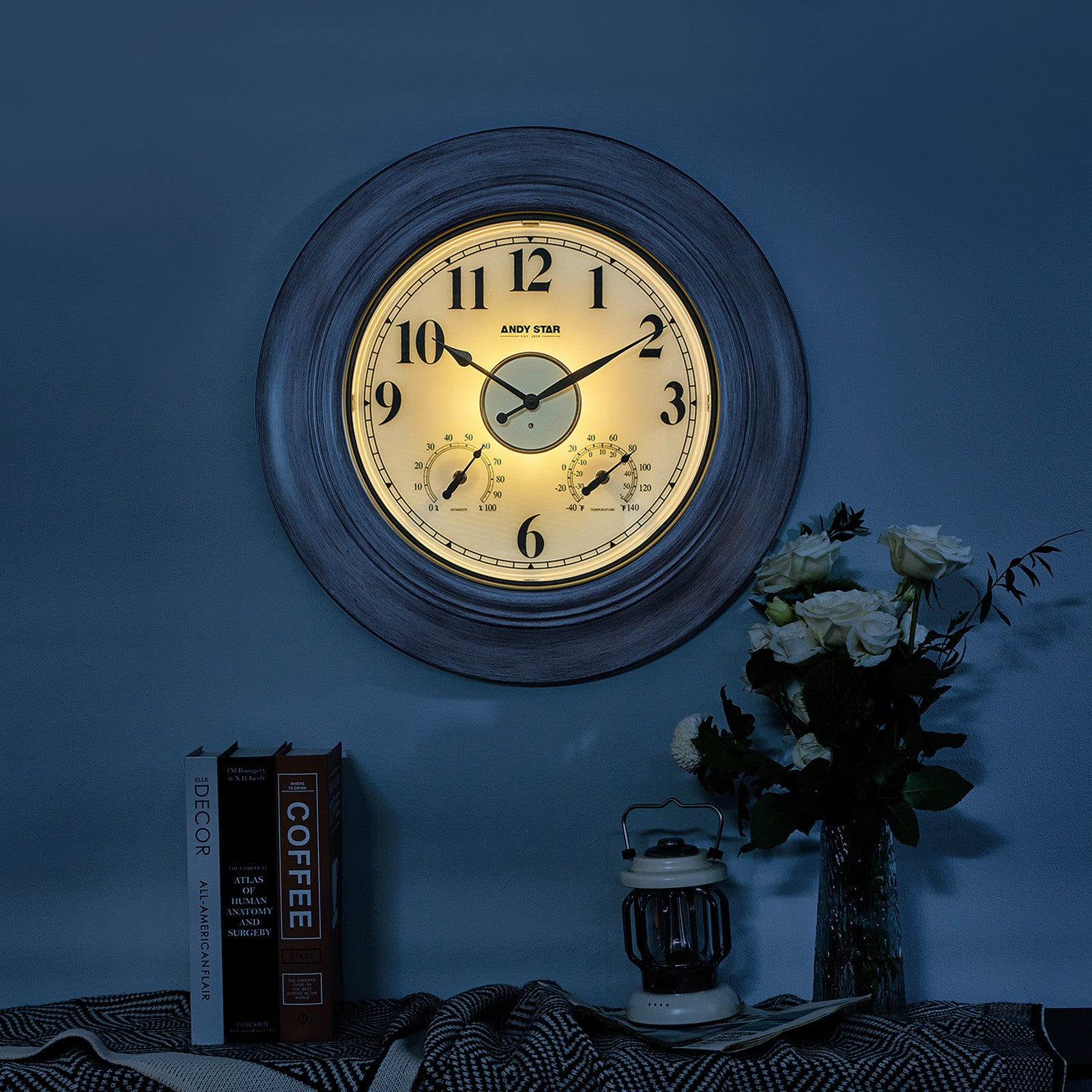 Oak 21 inch Illuminated Outdoor Clocks with Thermometer Weatherproof Waterproof