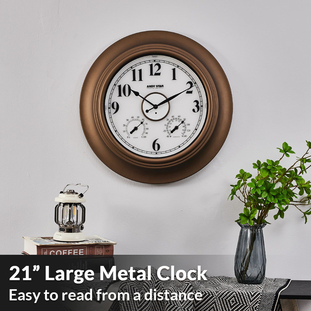 21 inch Bronze Waterproof Bathroom Wall Clock Illuminated Outdoor Clock with Thermometer