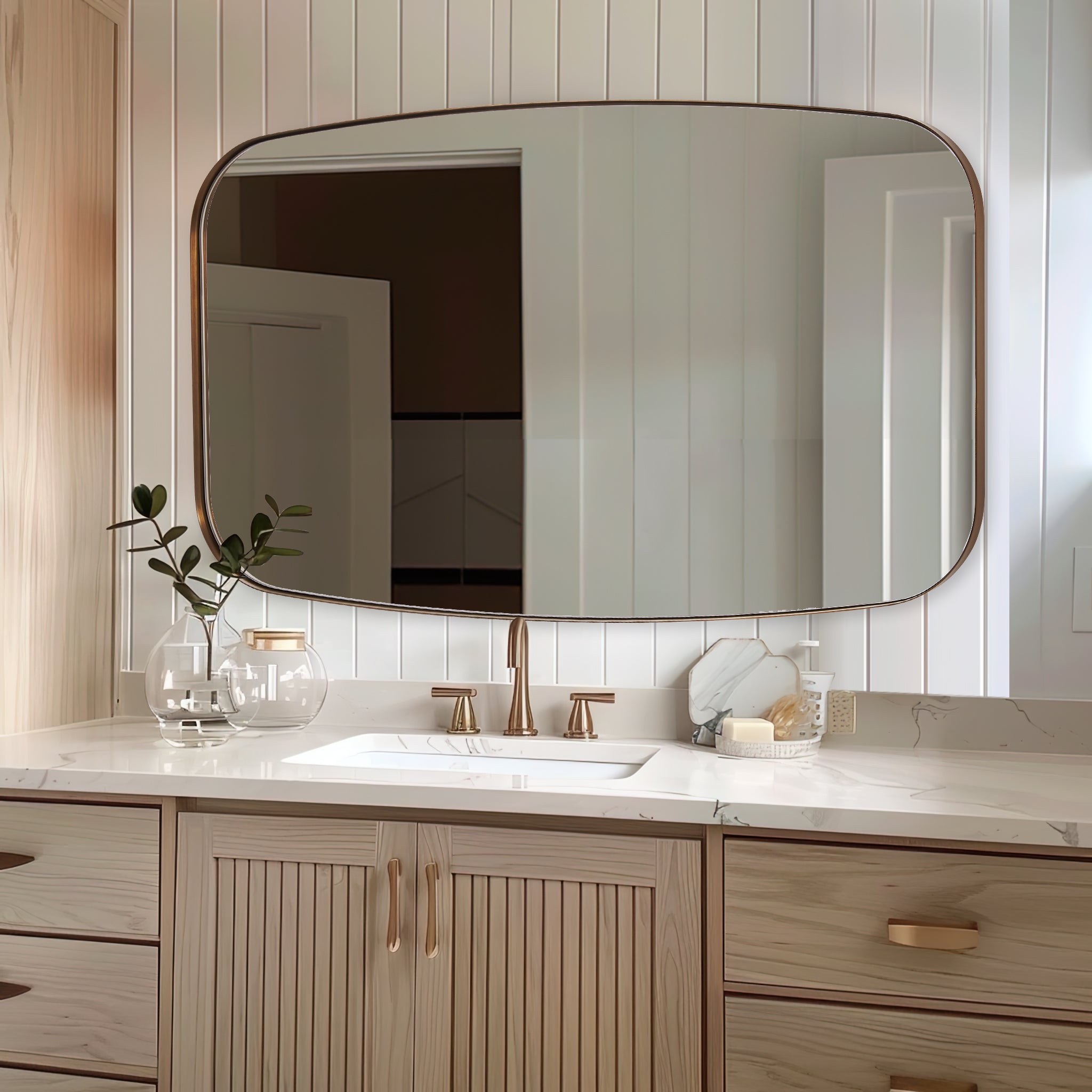 Modern Oblong Bathroom Mirror Long Oval Mirror | Stainless Steel Frame