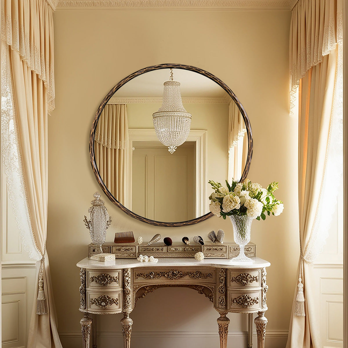 Antique Hand Hammer Forged Iron Mirror Circle Wrought Iron Mirror Round Wall Mirror