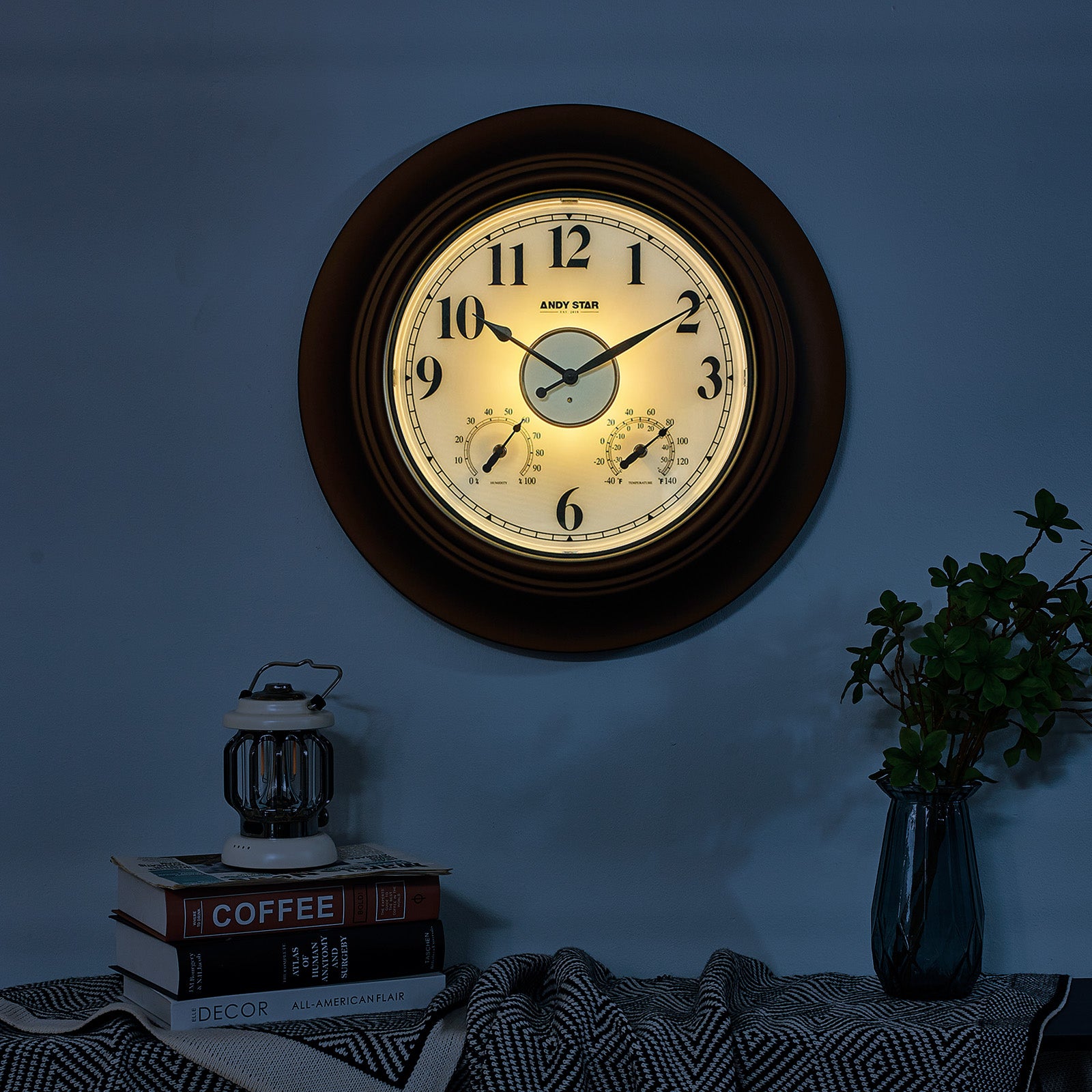 21 inch Bronze Waterproof Bathroom Wall Clock Illuminated Outdoor Clock with Thermometer