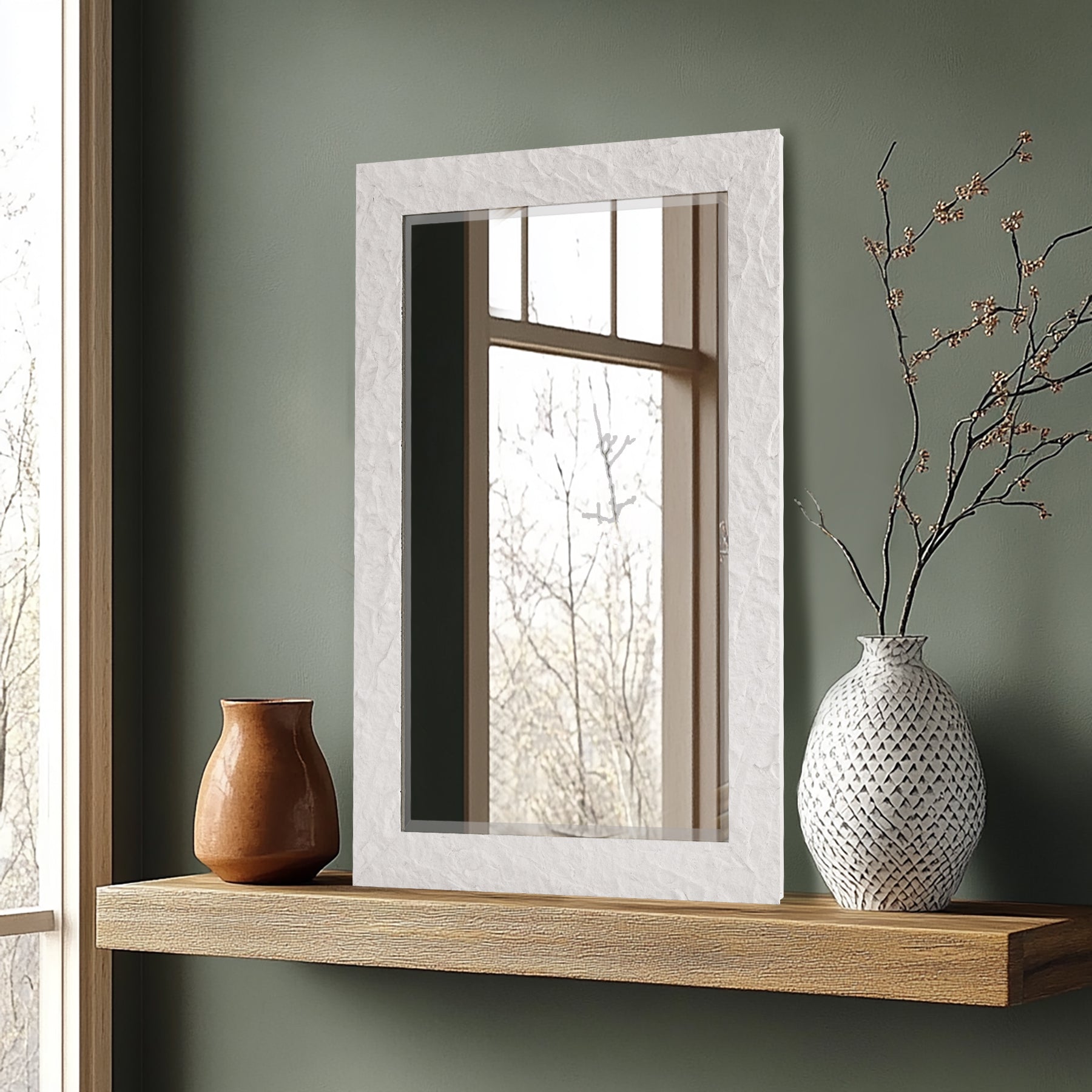 Contemporary White Plaster Thick Framed Rectangle Bathroom Mirror Decorative Beveled Mirror