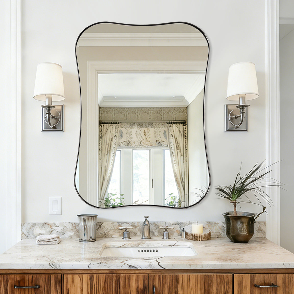 Contemporary Dual Concave Edge Rouded Scalloped Rectangle Wall Mirror | Stainless Steel Frame