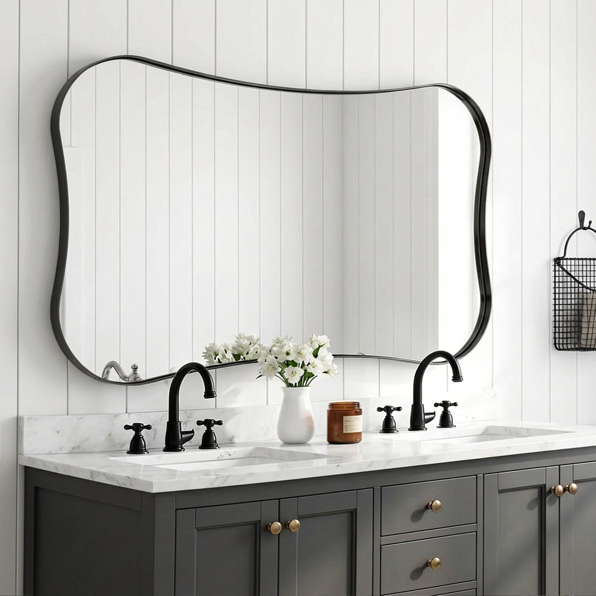 Contemporary Dual Concave Edge Rouded Scalloped Rectangle Wall Mirror | Stainless Steel Frame