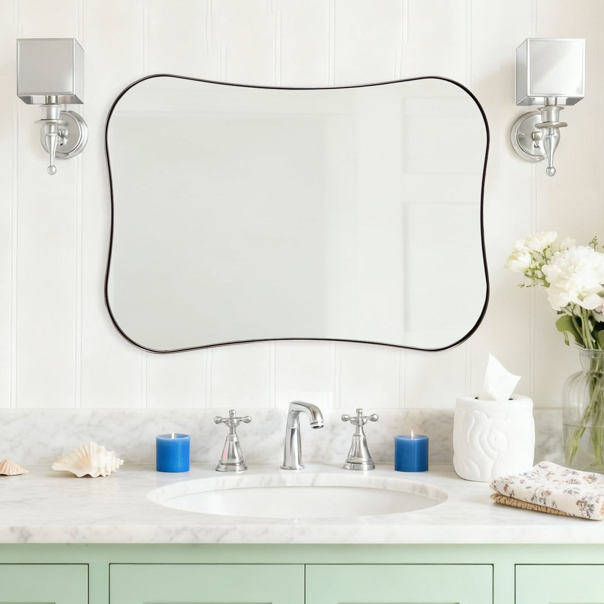 Contemporary Dual Concave Edge Rouded Scalloped Rectangle Wall Mirror | Stainless Steel Frame