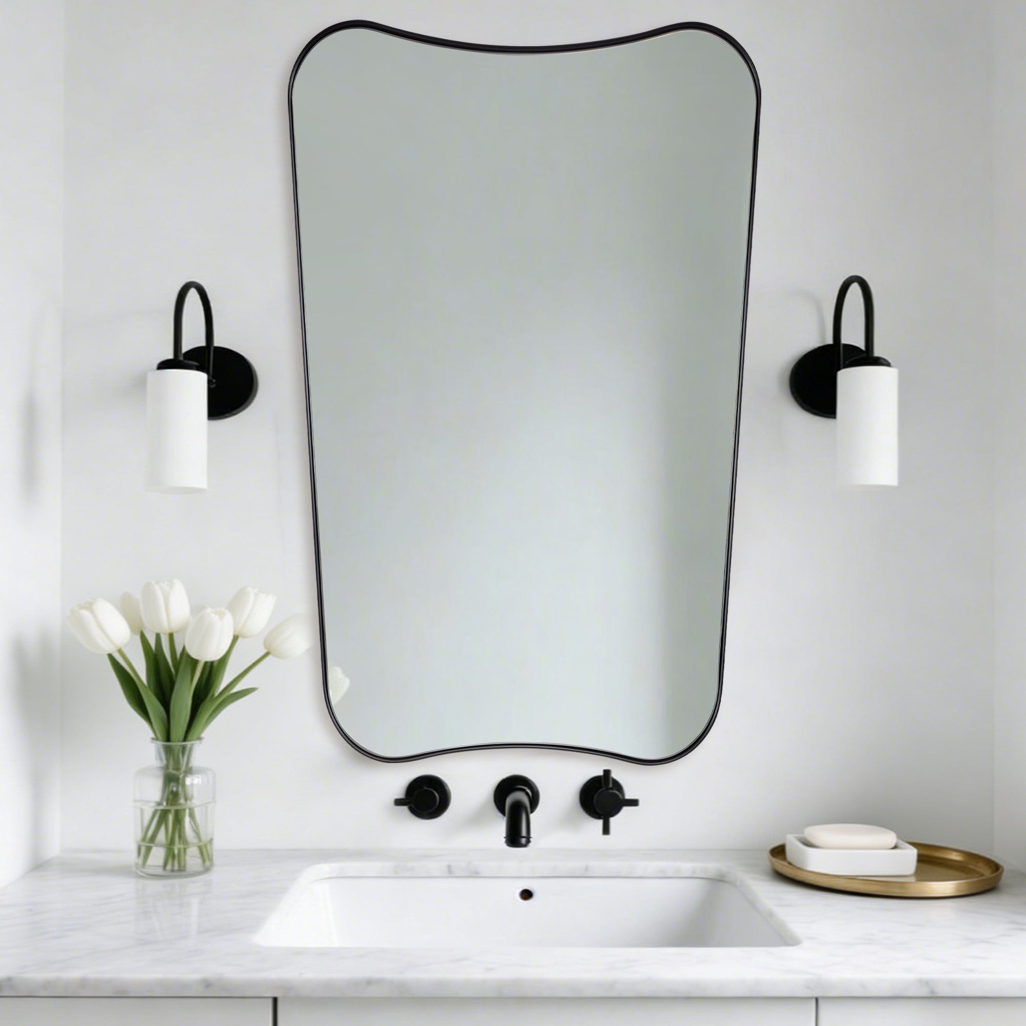 Contemporary Concave Scalloped Irregular Wall Mirror for Bathroom |Stainless Steel Frame