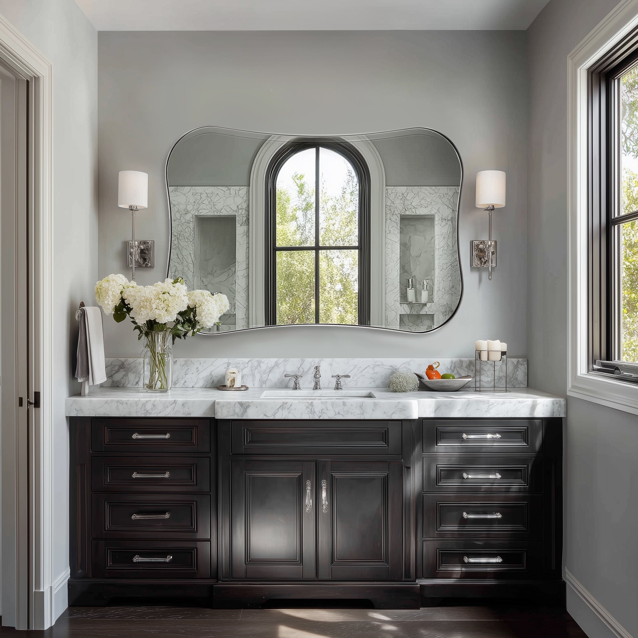 Contemporary Dual Concave Edge Rouded Scalloped Rectangle Wall Mirror | Stainless Steel Frame