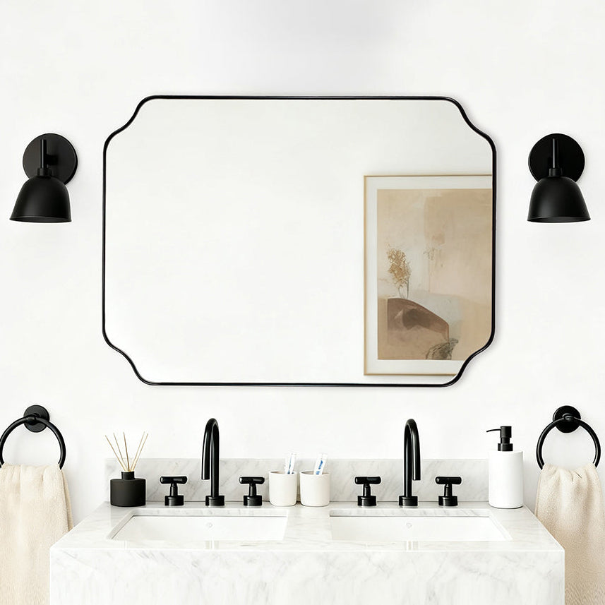 Contemporary Notched Corner Rectangle Scalloped Mirror for Wall /Bathroom | Stainless Steel Frame