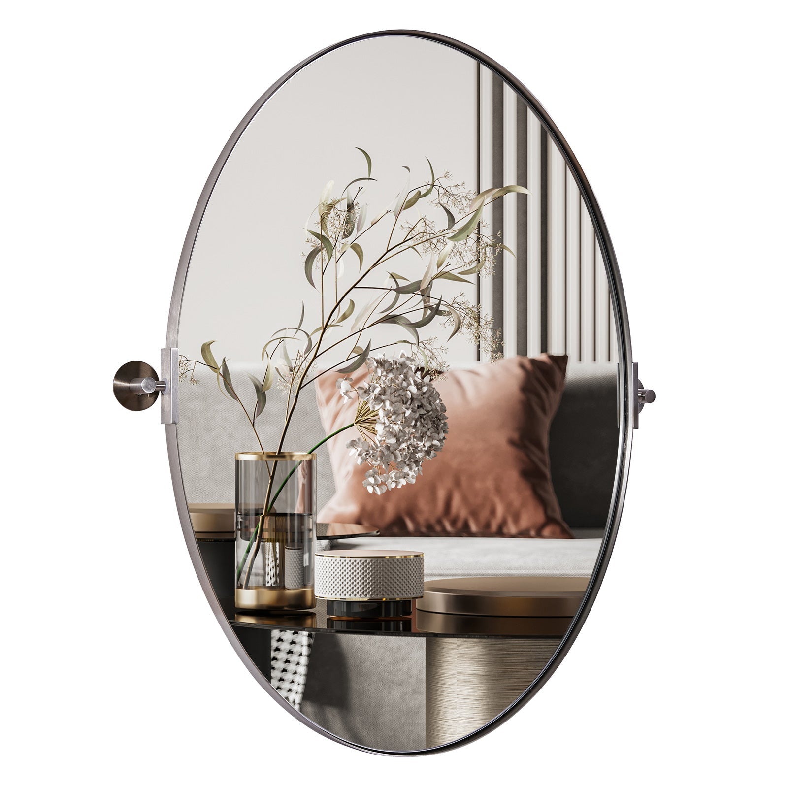 Oval Pivot Mirrors Adjustable Tilting Angle Floating Bathroom Mirror| Stainless Steel Framed