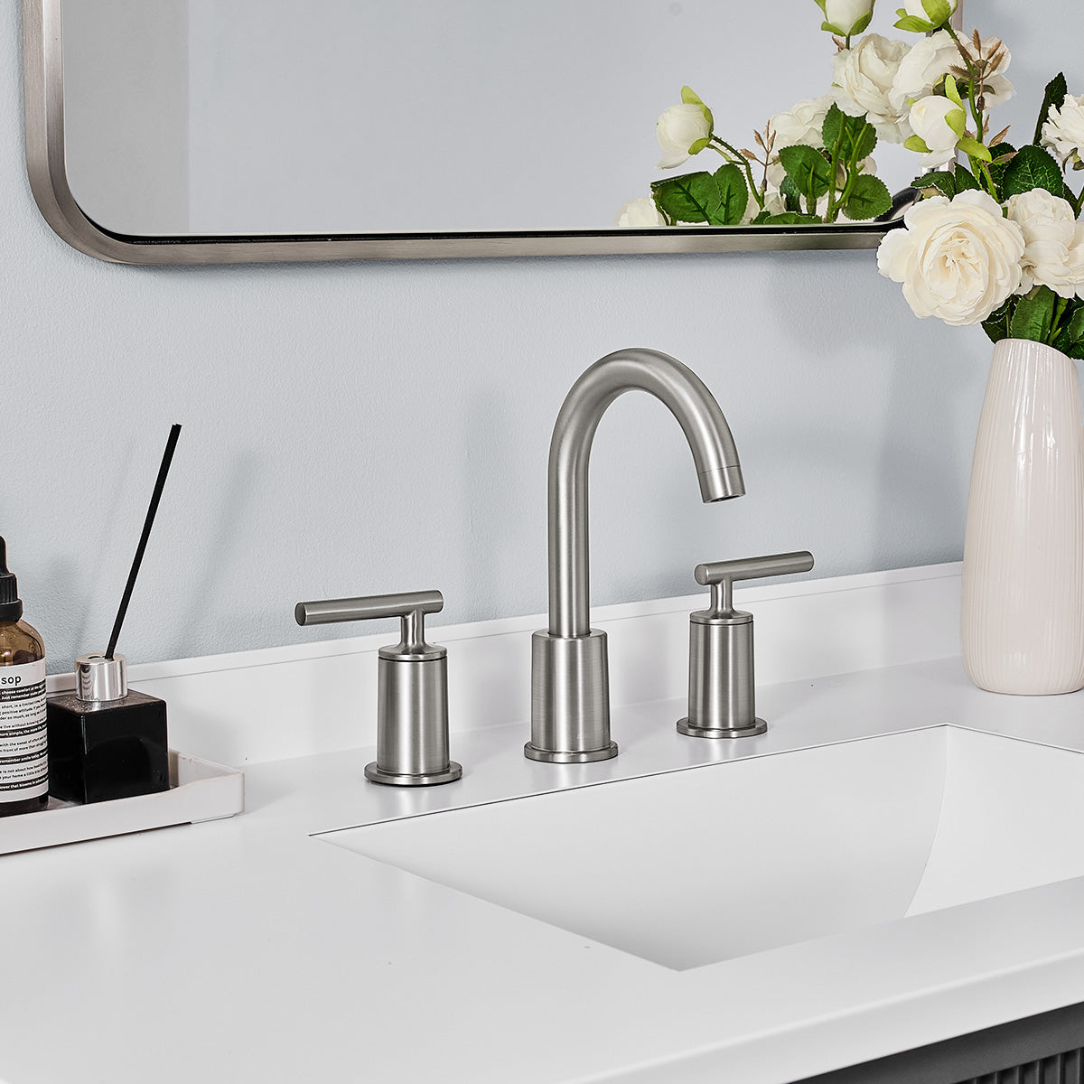 ANDY STAR Bathroom Faucet 3 Hole, 360 Degree Swivel Spout Bathroom Sink Faucet with 2 Level Handle of Hot&Cold Water Control