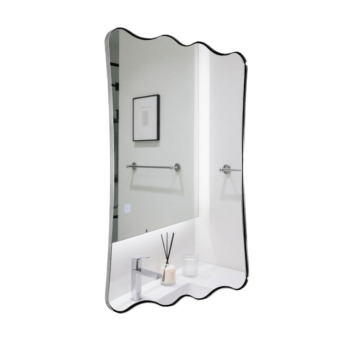 Contemporary Wavy Scalloped Rectangle Mirror Decorative Bathroom Mirror | Stainless Steel Frame