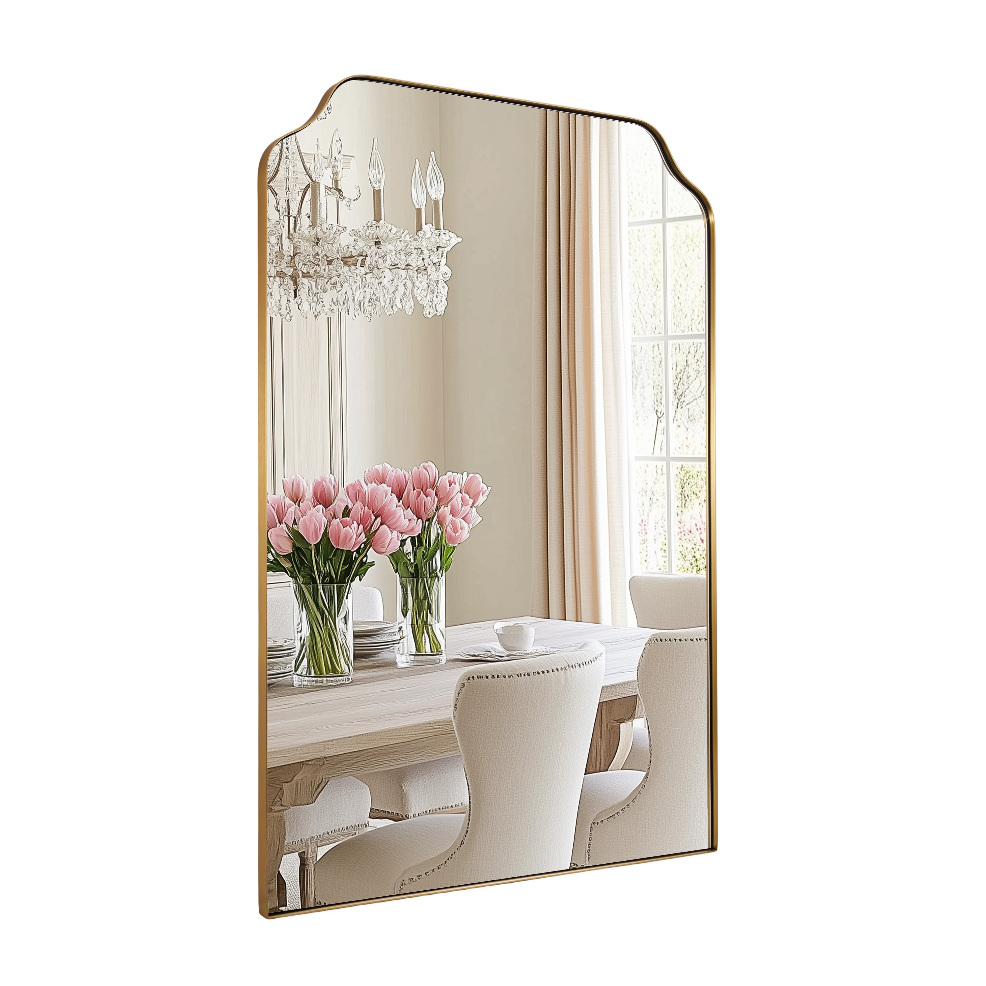 Modern Top Notched Corner Scalloped Bathroom Rectangle Vanity Wall Mirror | Stainless Steel Frame