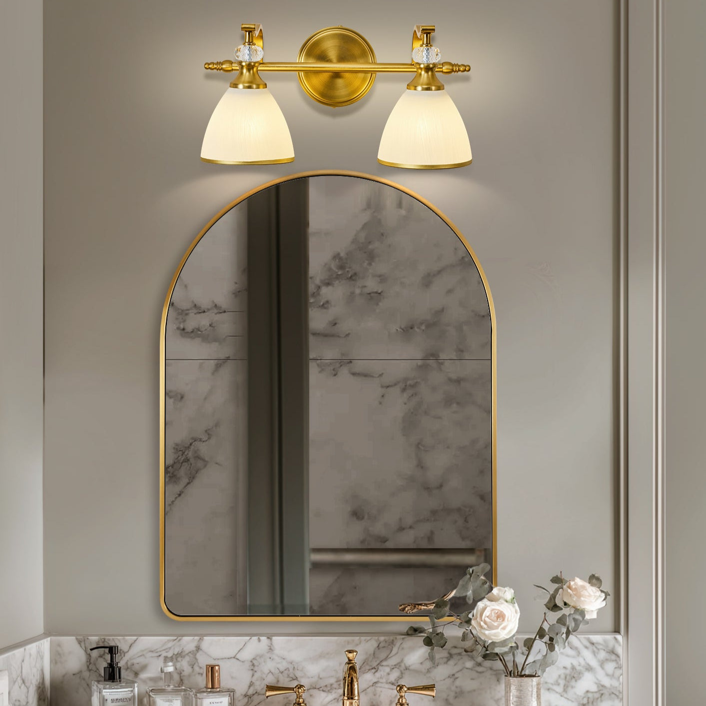 Artistical Metal Crank Frame White Frosted Trumpet Shade Bathroom Sconces