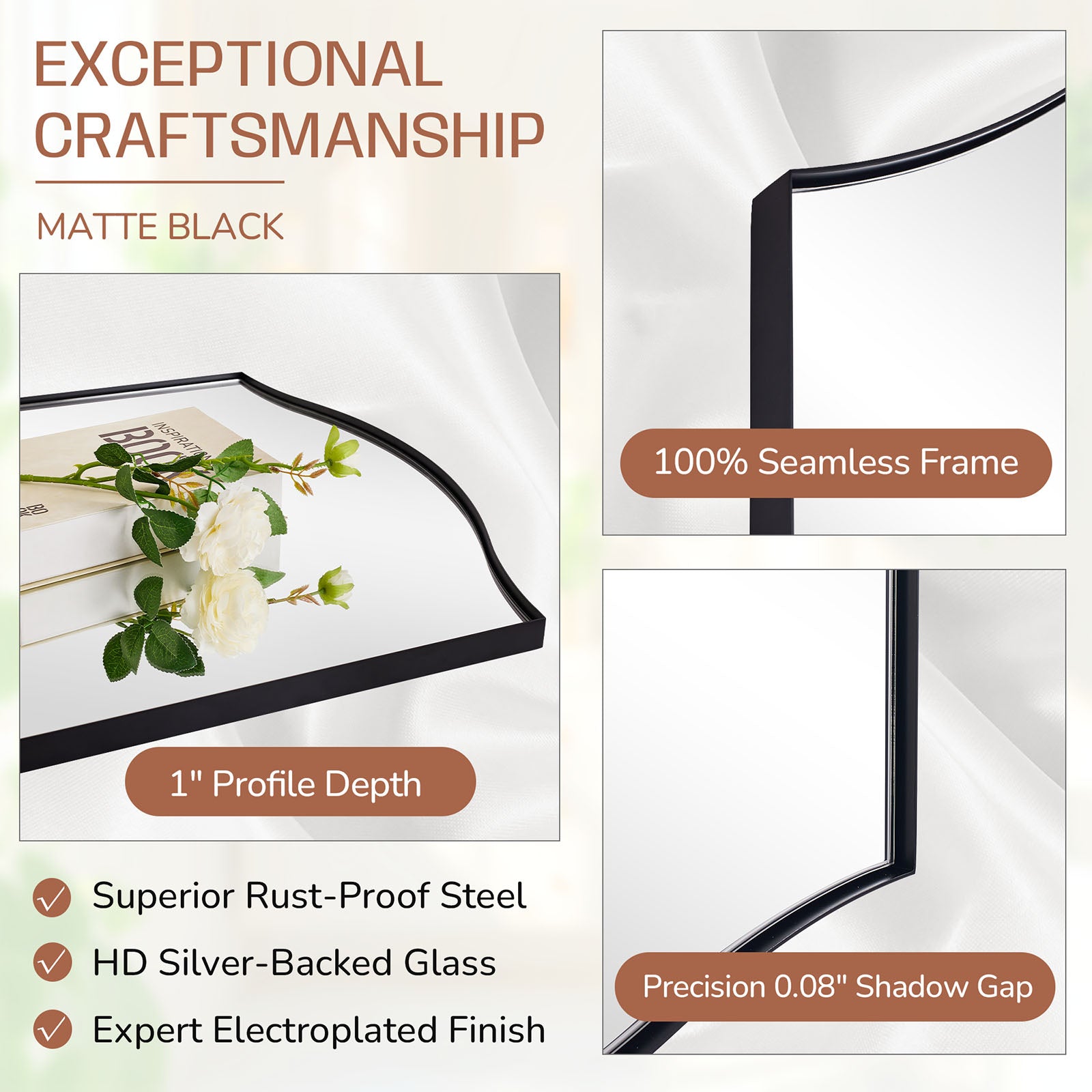Dual Curve Arch Rectangular Scalloped Bathroom Wall Mirror |Stainless Steel Framed