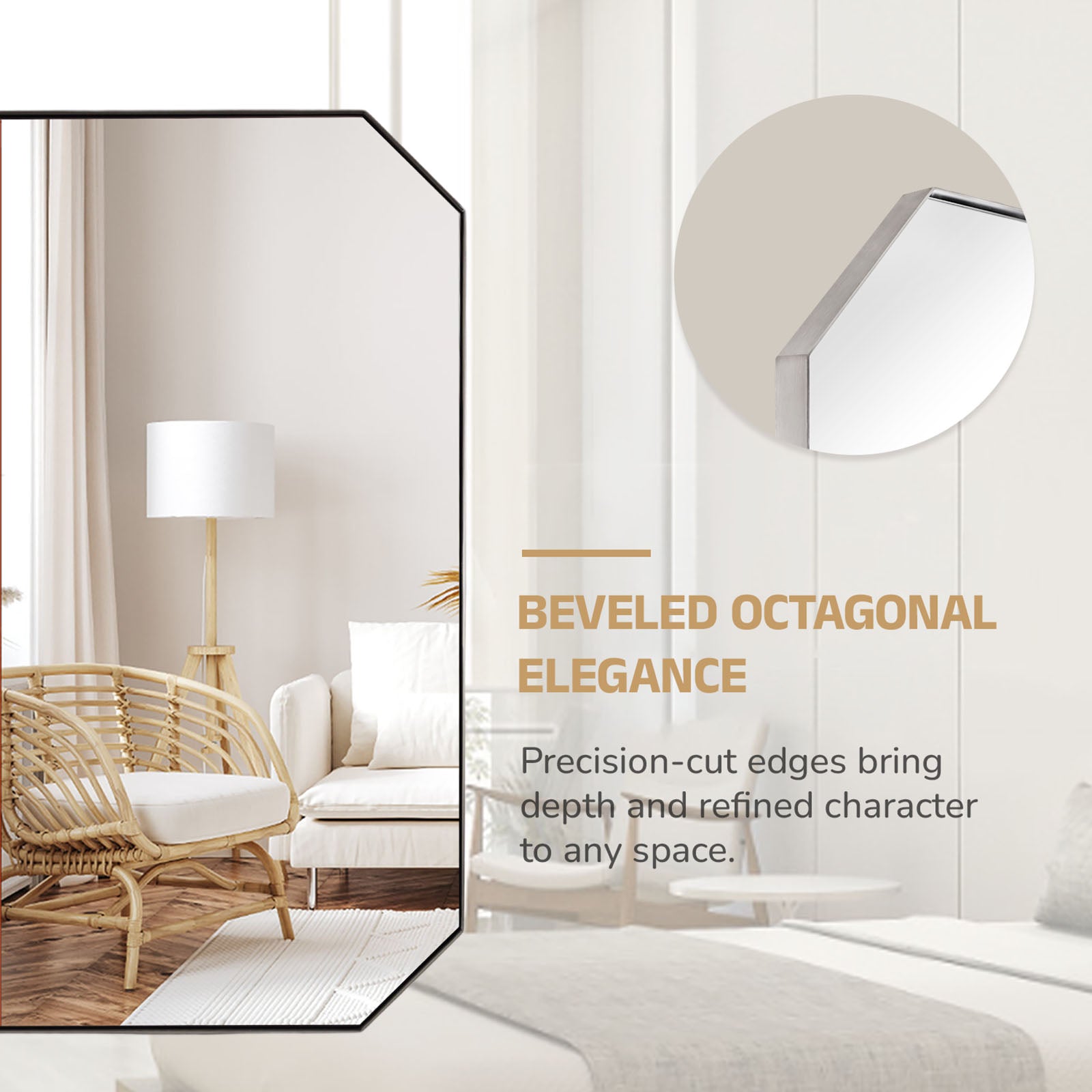 Contemporary Cut Corner Octagonal Scalloped Rectangle Mirror for Bathroom |Stainless Steel Frame