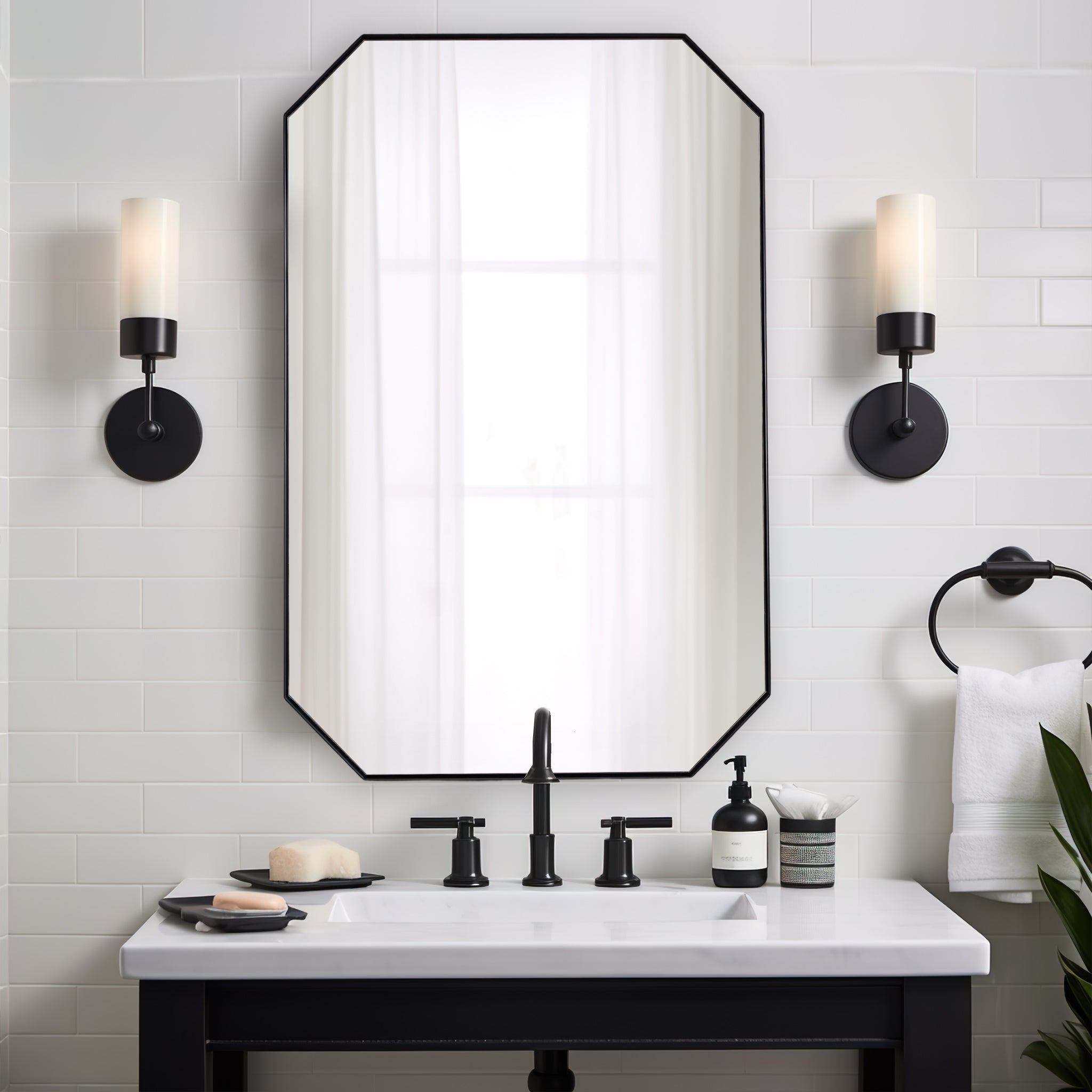 Contemporary Cut Corner Octagonal Scalloped Rectangle Mirror for Bathroom |Stainless Steel Frame