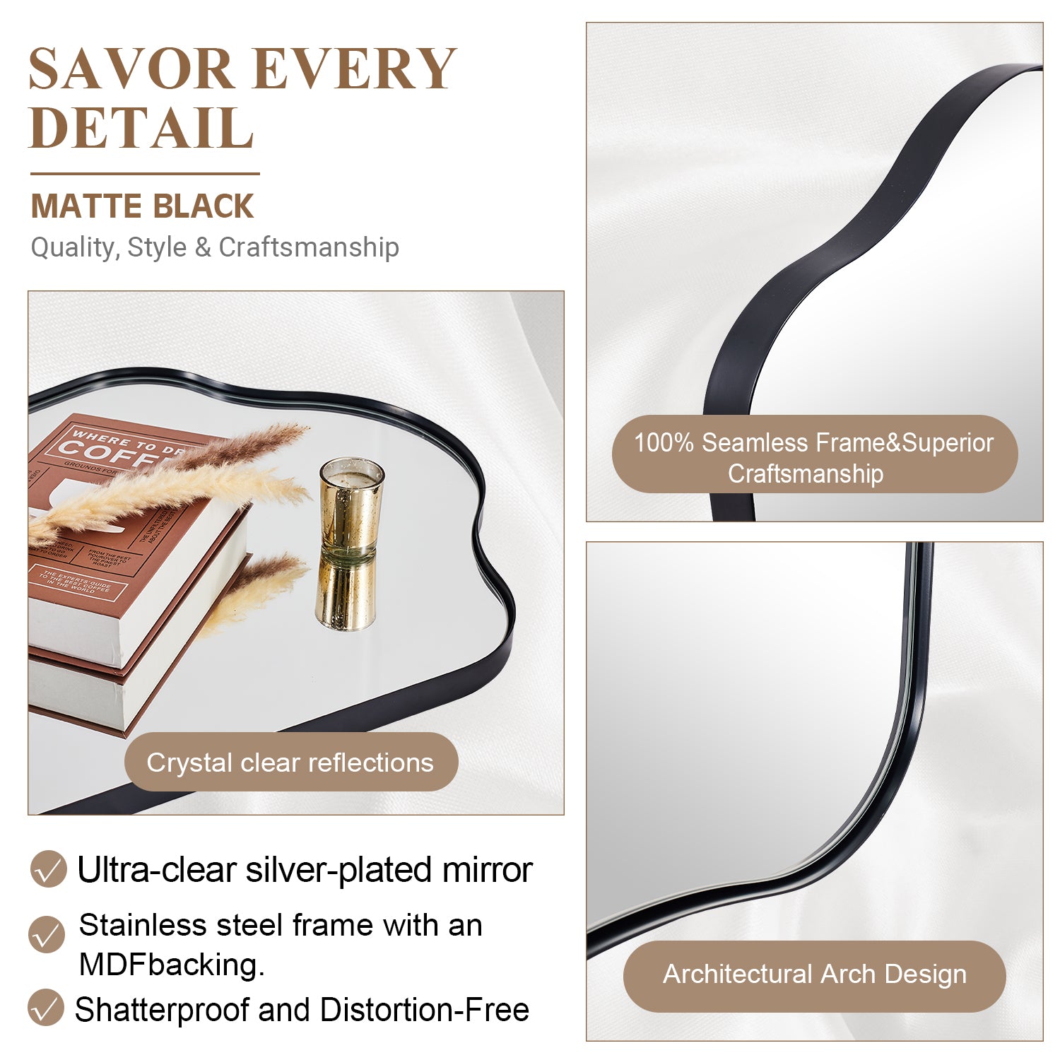 Contemporary Dual Arch Wall Mirror Irregular Scalloped Bathroom Mirror | Stainless Steel Frame