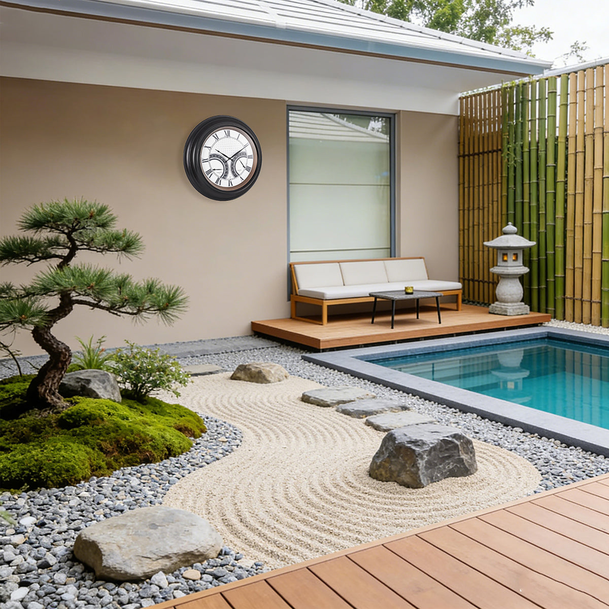 24 Inch Outdoor Wall Clock Large Waterproof Illuminated Clock with Thermometer,Square Grid Dial