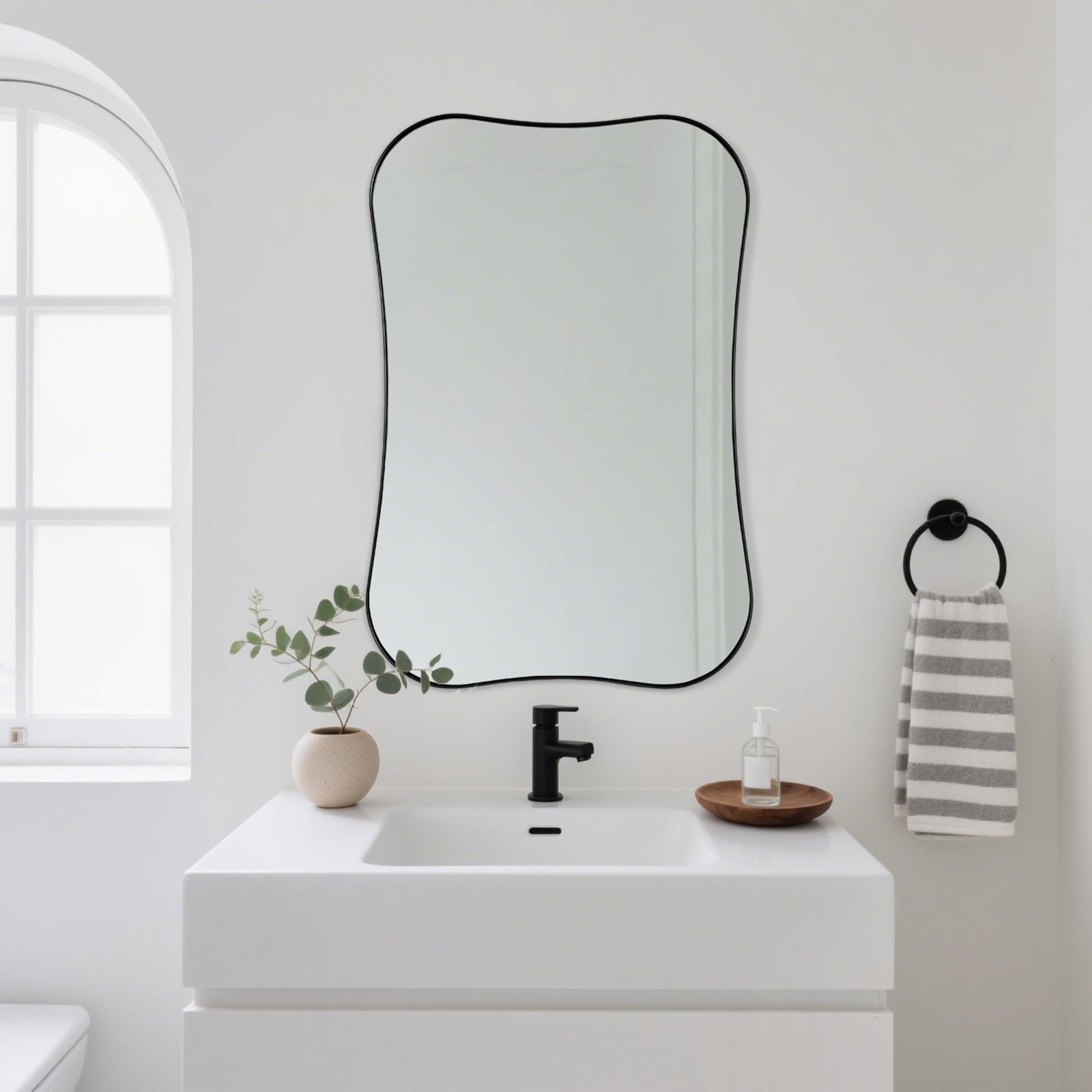 Contemporary Dual Concave Edge Rouded Scalloped Rectangle Wall Mirror | Stainless Steel Frame