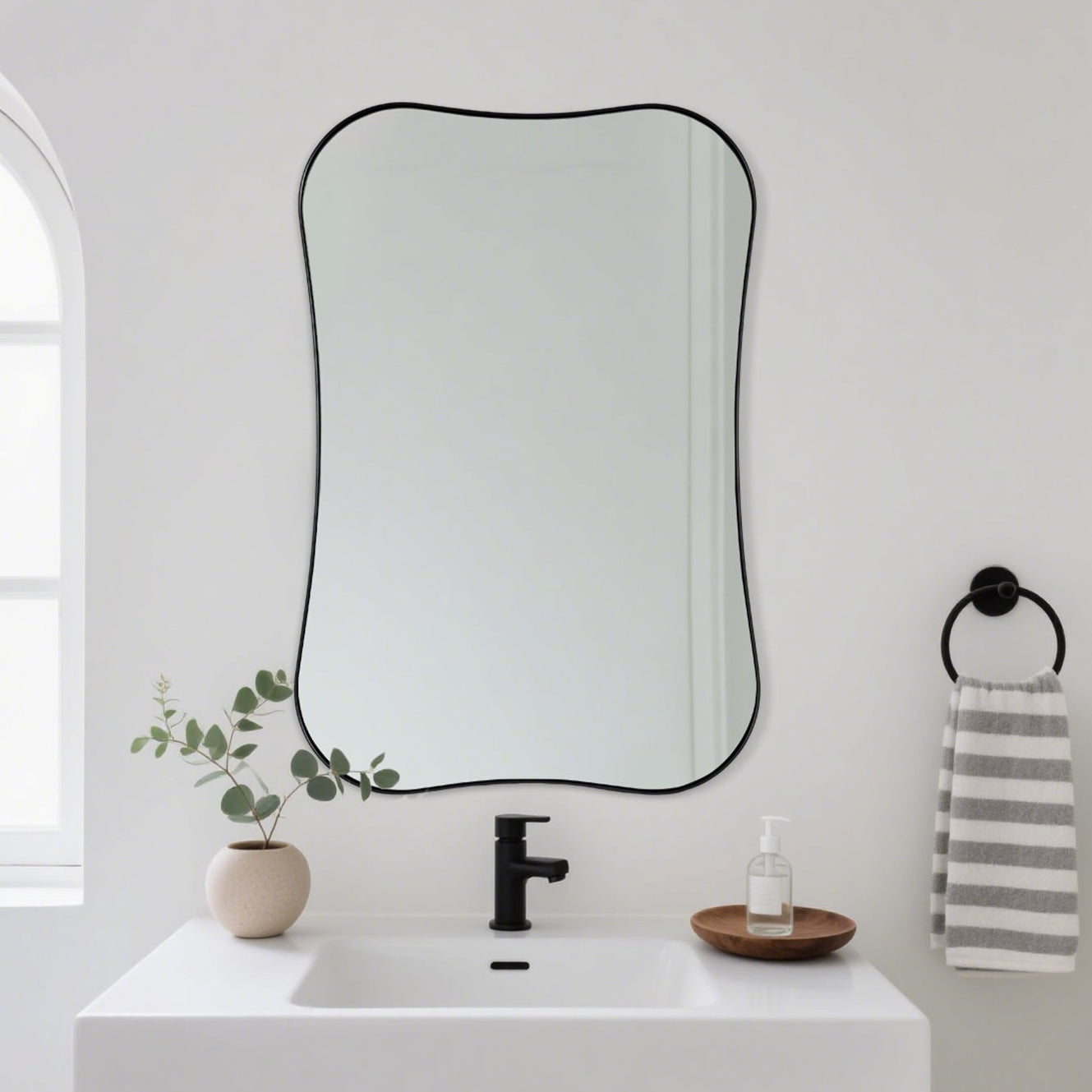 Contemporary Dual Concave Edge Rouded Scalloped Rectangle Wall Mirror | Stainless Steel Frame