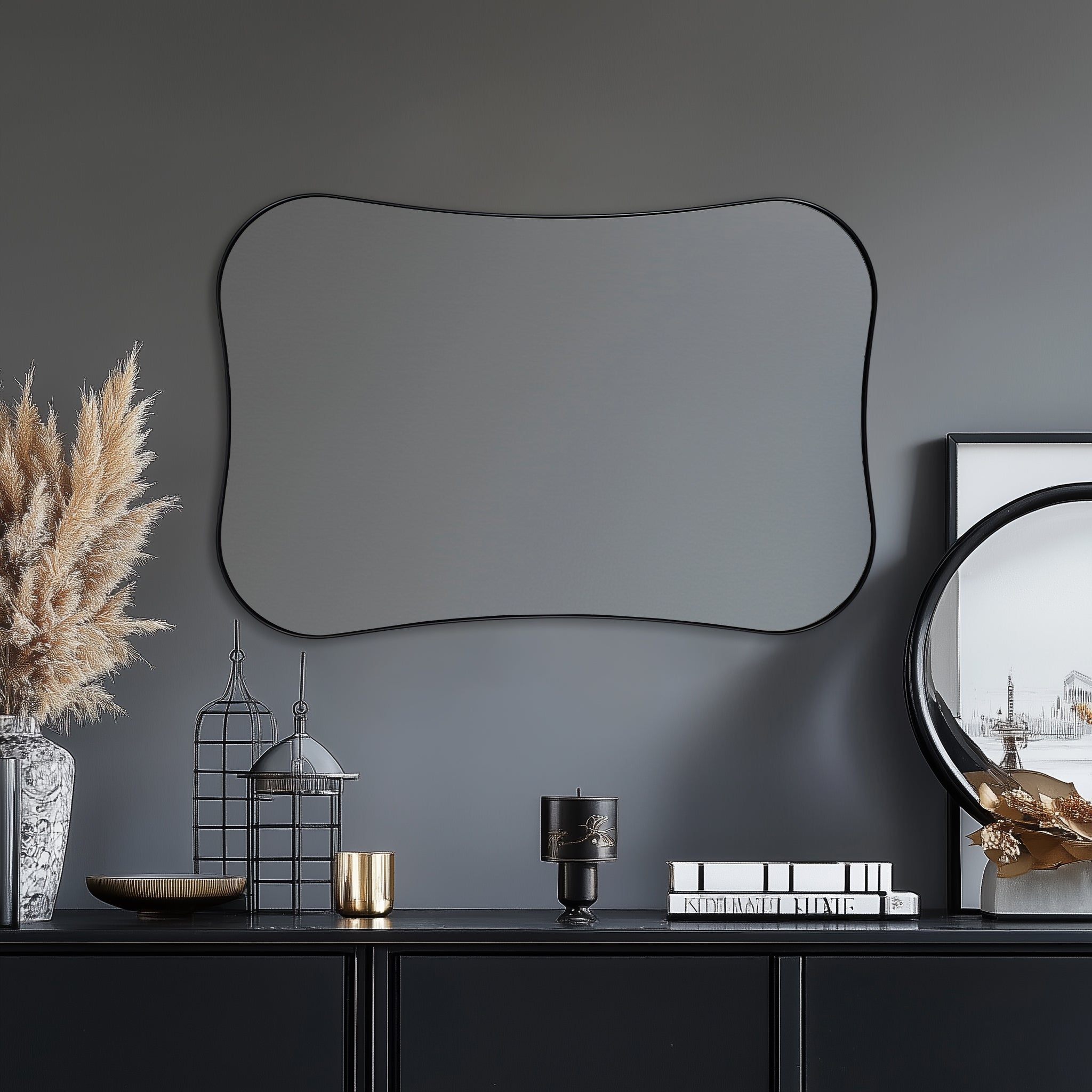 Contemporary Dual Concave Edge Rouded Scalloped Rectangle Wall Mirror | Stainless Steel Frame