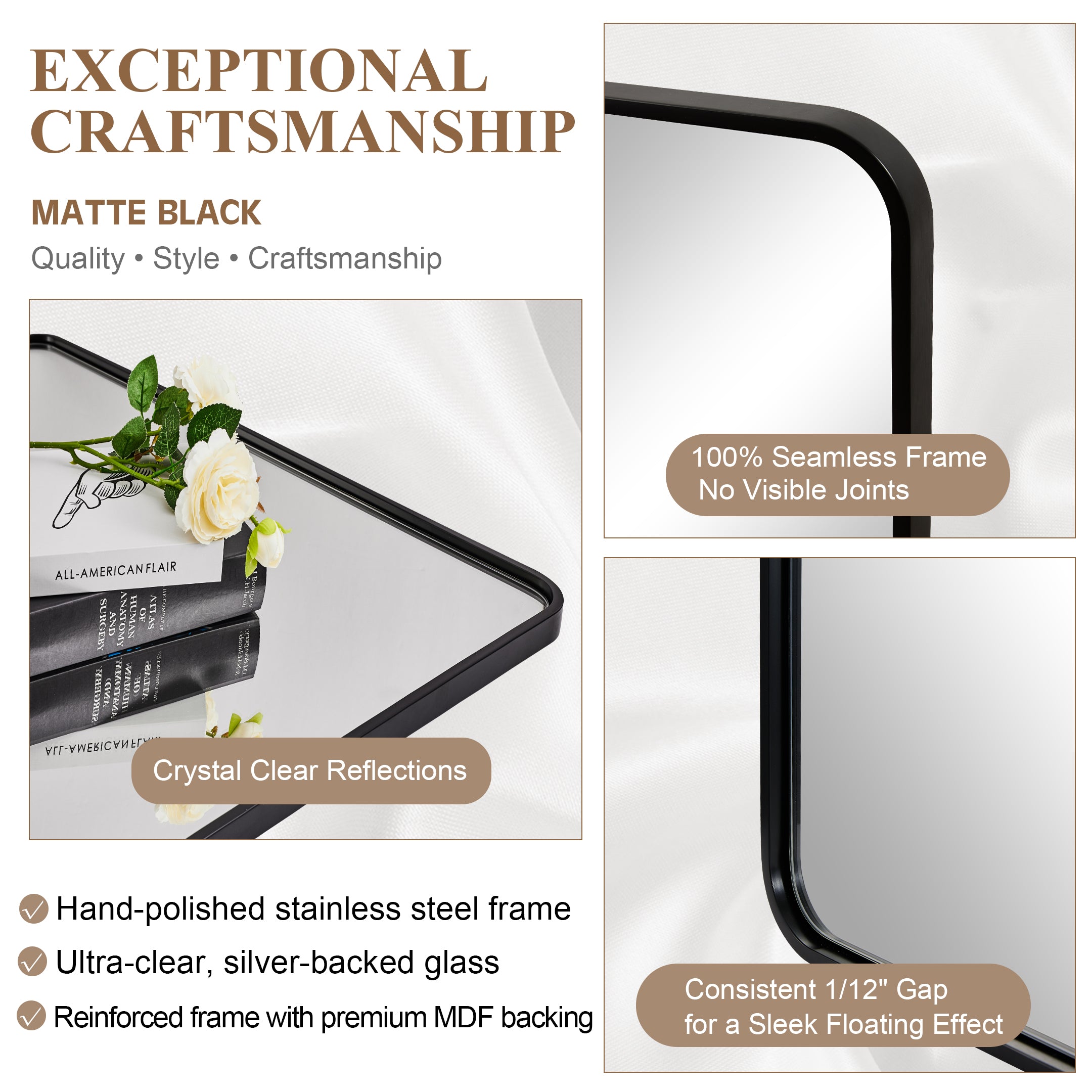 Contemporary Rounded Rectangular Bathroom Wall Mirror |Thicker Stainless Steel Framed