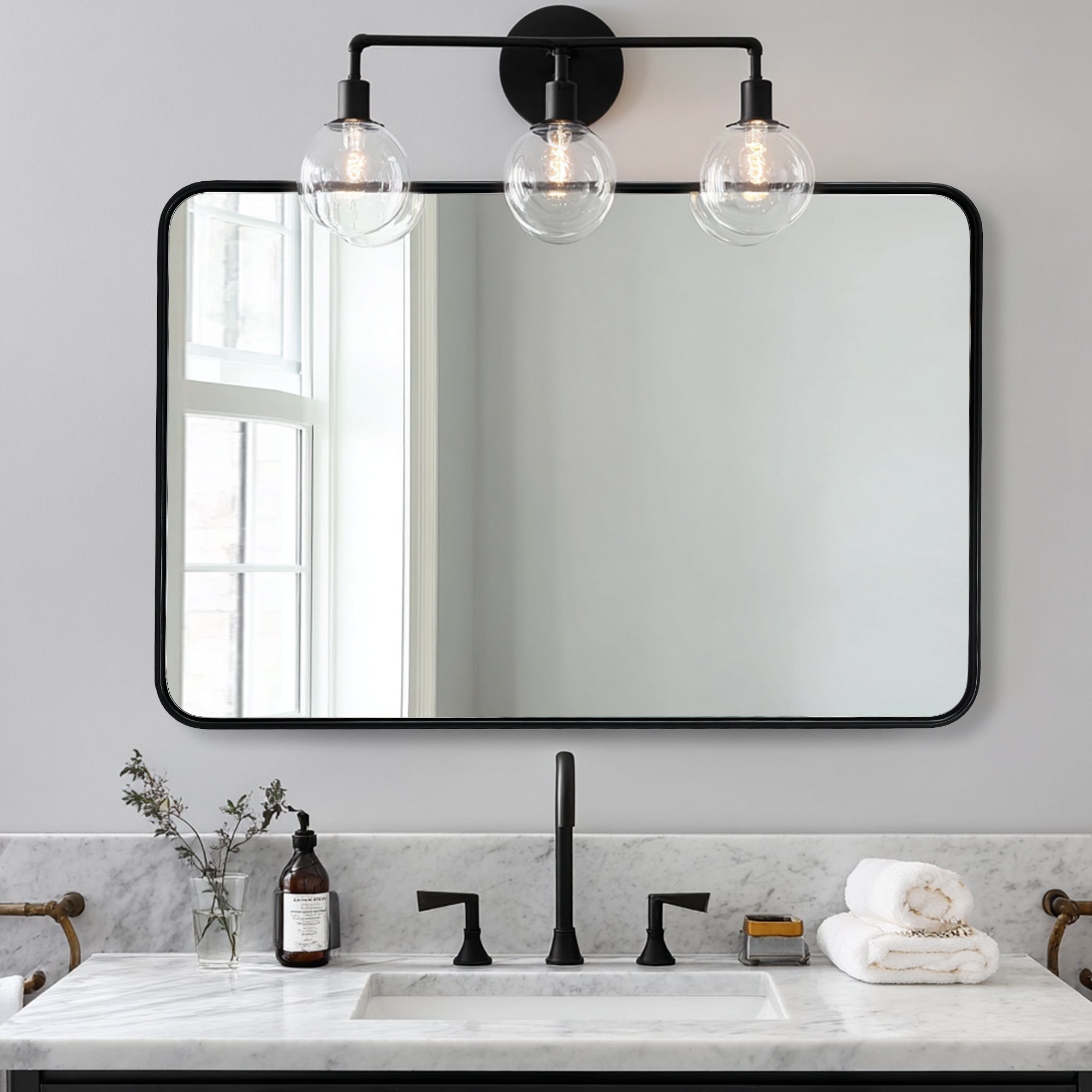 Contemporary Rounded Rectangular Bathroom Mirrors| Stainless Steel Thick Frame