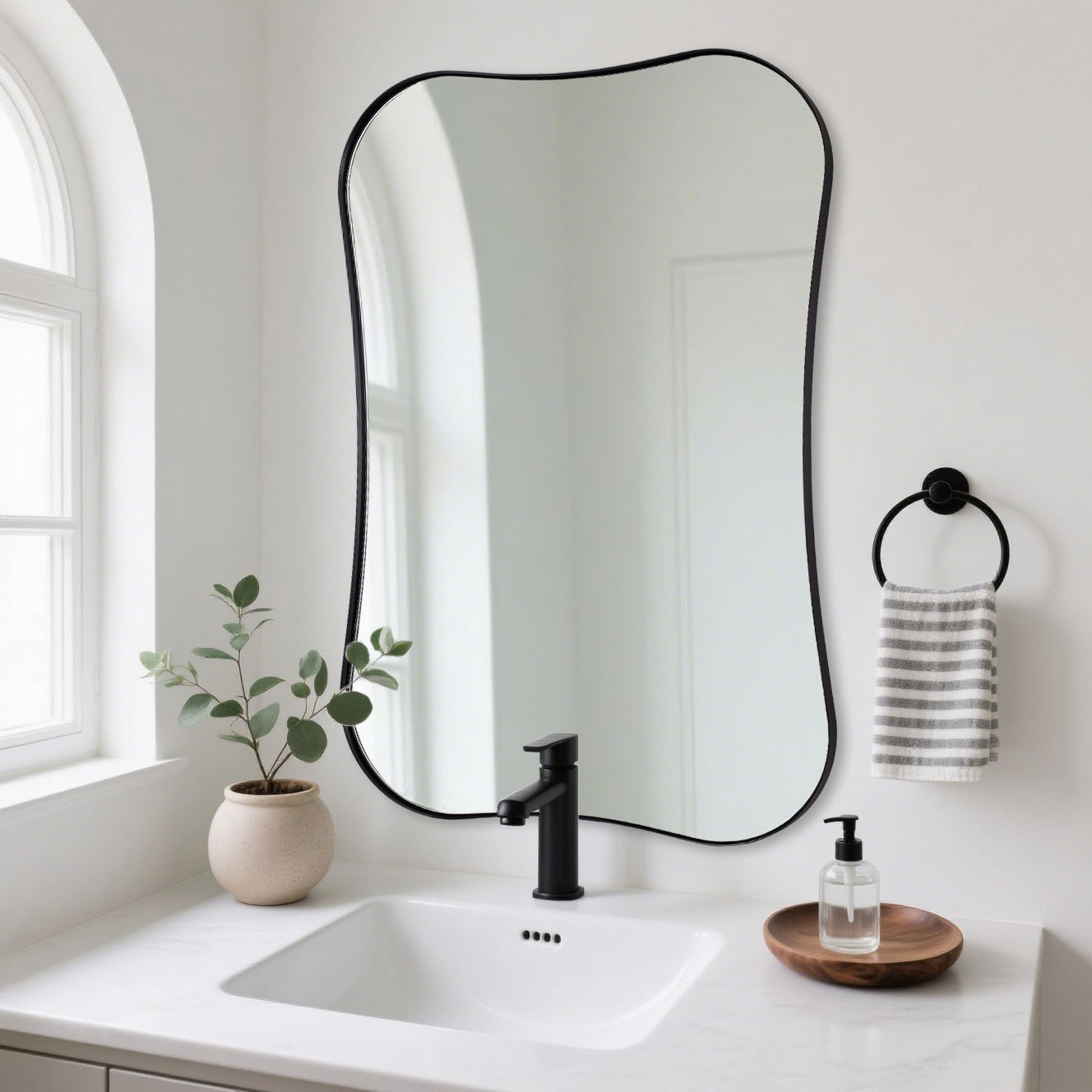 Contemporary Dual Concave Edge Rouded Scalloped Rectangle Wall Mirror | Stainless Steel Frame