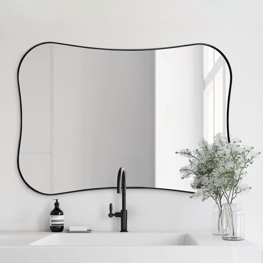 Contemporary Dual Concave Edge Rouded Scalloped Rectangle Wall Mirror | Stainless Steel Frame