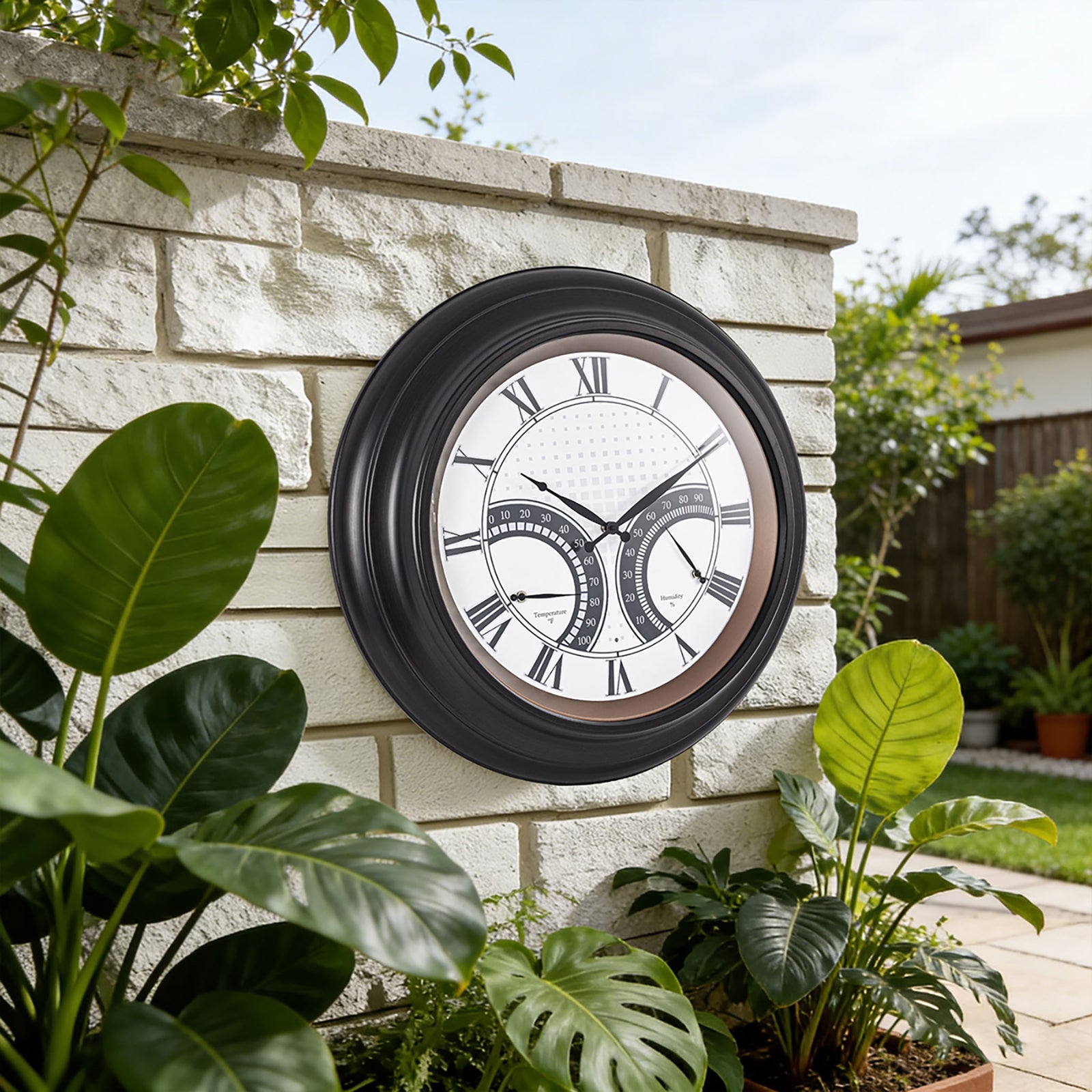 24 Inch Outdoor Wall Clock Large Waterproof Illuminated Clock with Thermometer,Square Grid Dial