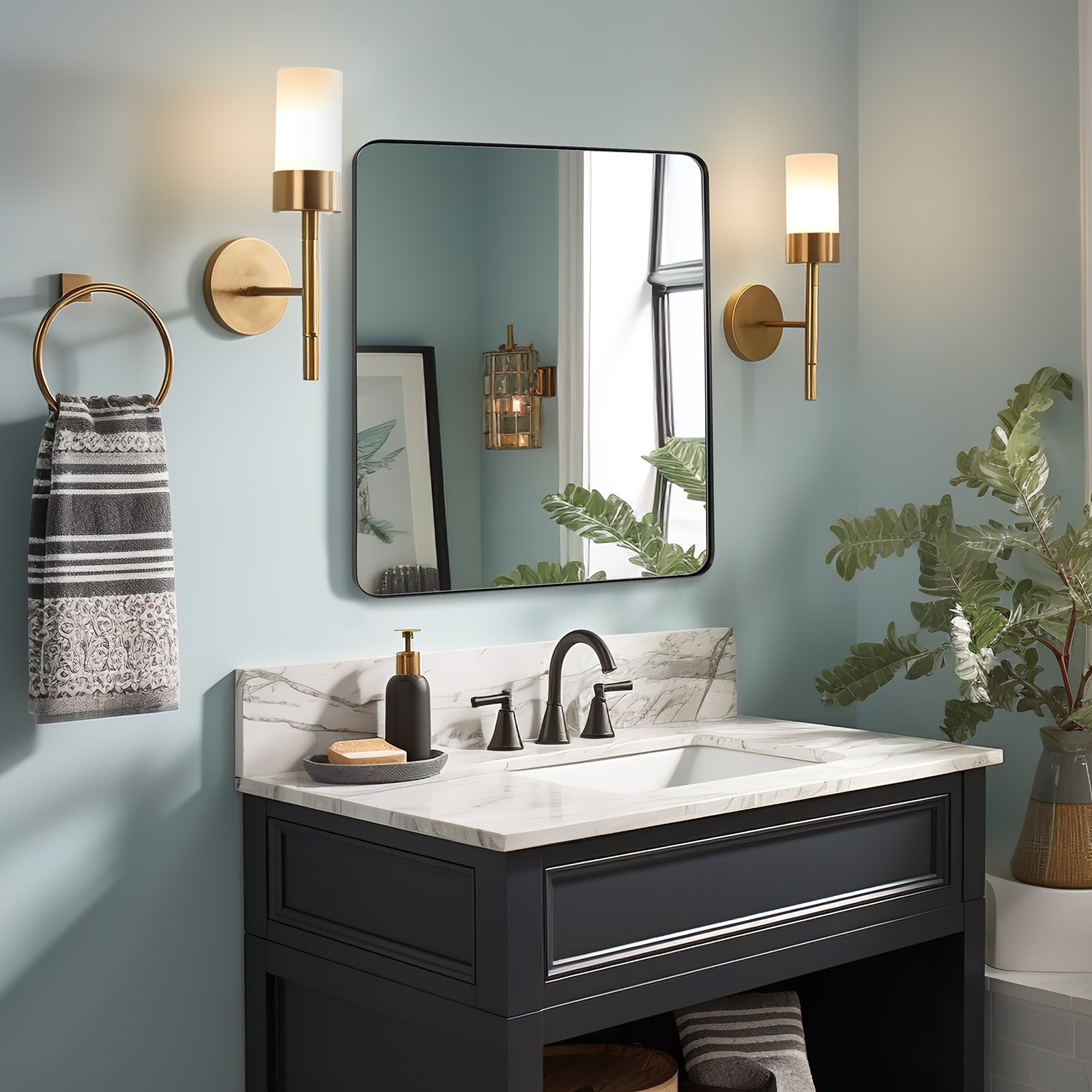ANDY STAR Square Bathroom Mirror, Wall Decor Circle Mirror with Stainless Steel Frame