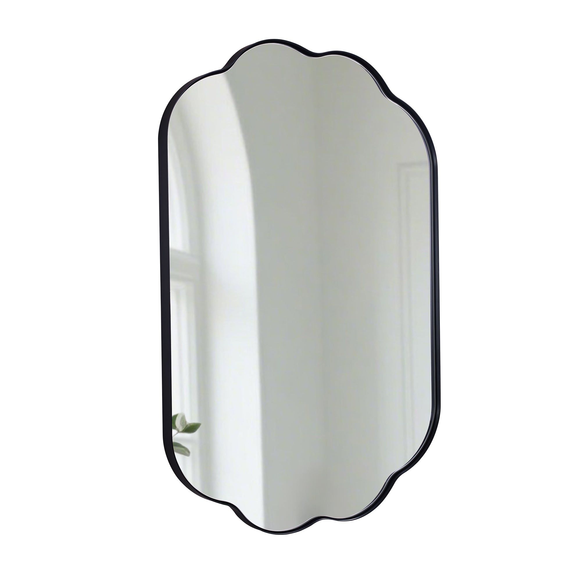 Contemporary Pill Shaped Long Oval Scalloped Bathroom Vanity Wall Mirror| Stainless Steel Framed