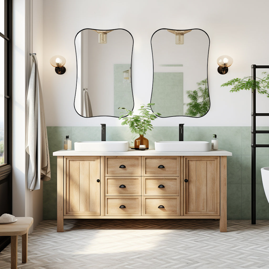 Contemporary Dual Concave Edge Rouded Scalloped Rectangle Wall Mirror | Stainless Steel Frame