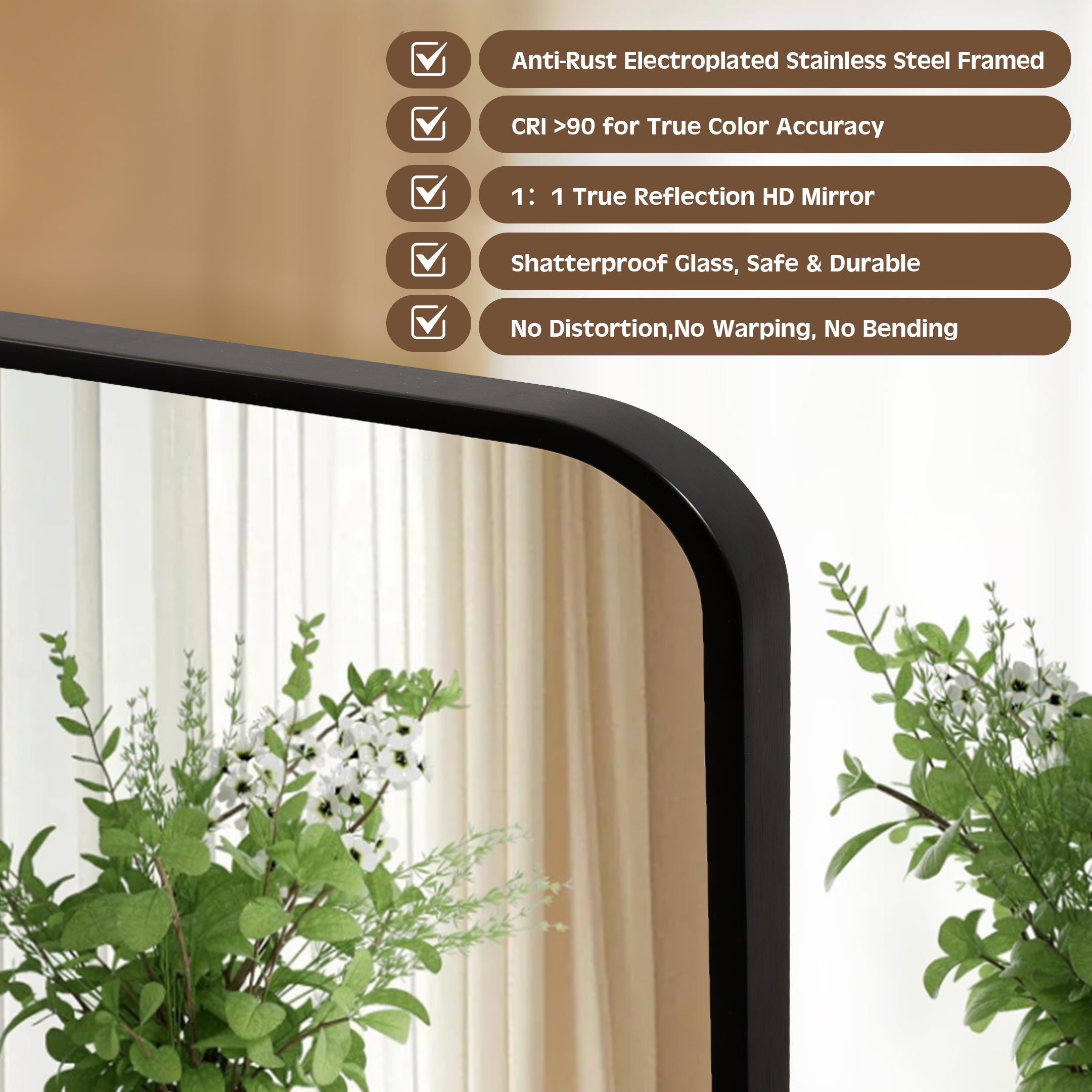 Contemporary Rounded Rectangular Bathroom Wall Mirror |Thicker Stainless Steel Framed