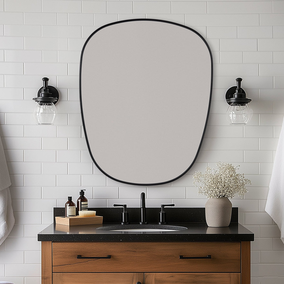 Contemporary Irregular Pebble Organic Bathroom Wall Mirror Asymmetric Decorative Mirror | Stainless Steel Frame