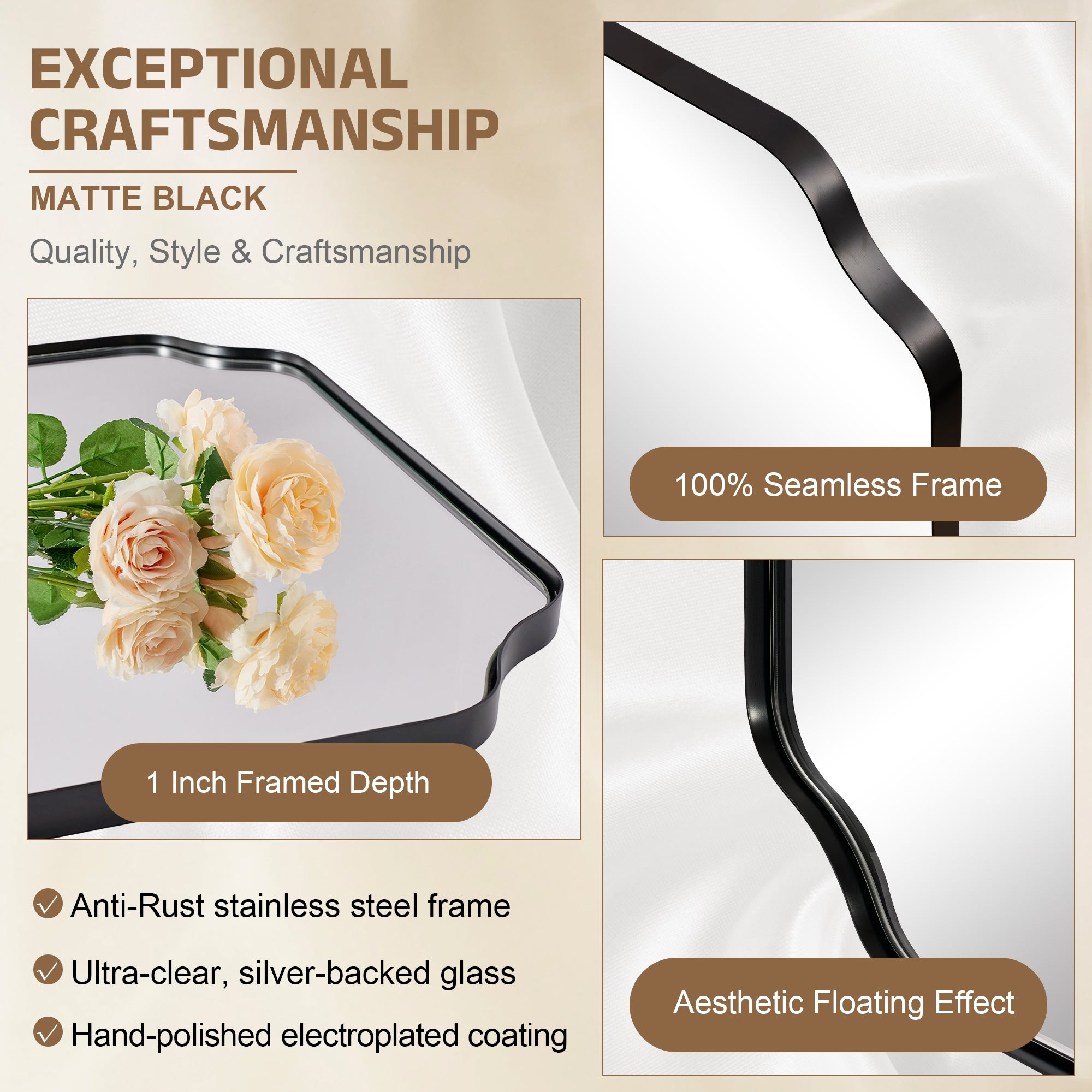 Contemporary Notched Corner Rectangle Scalloped Mirror for Wall /Bathroom | Stainless Steel Frame