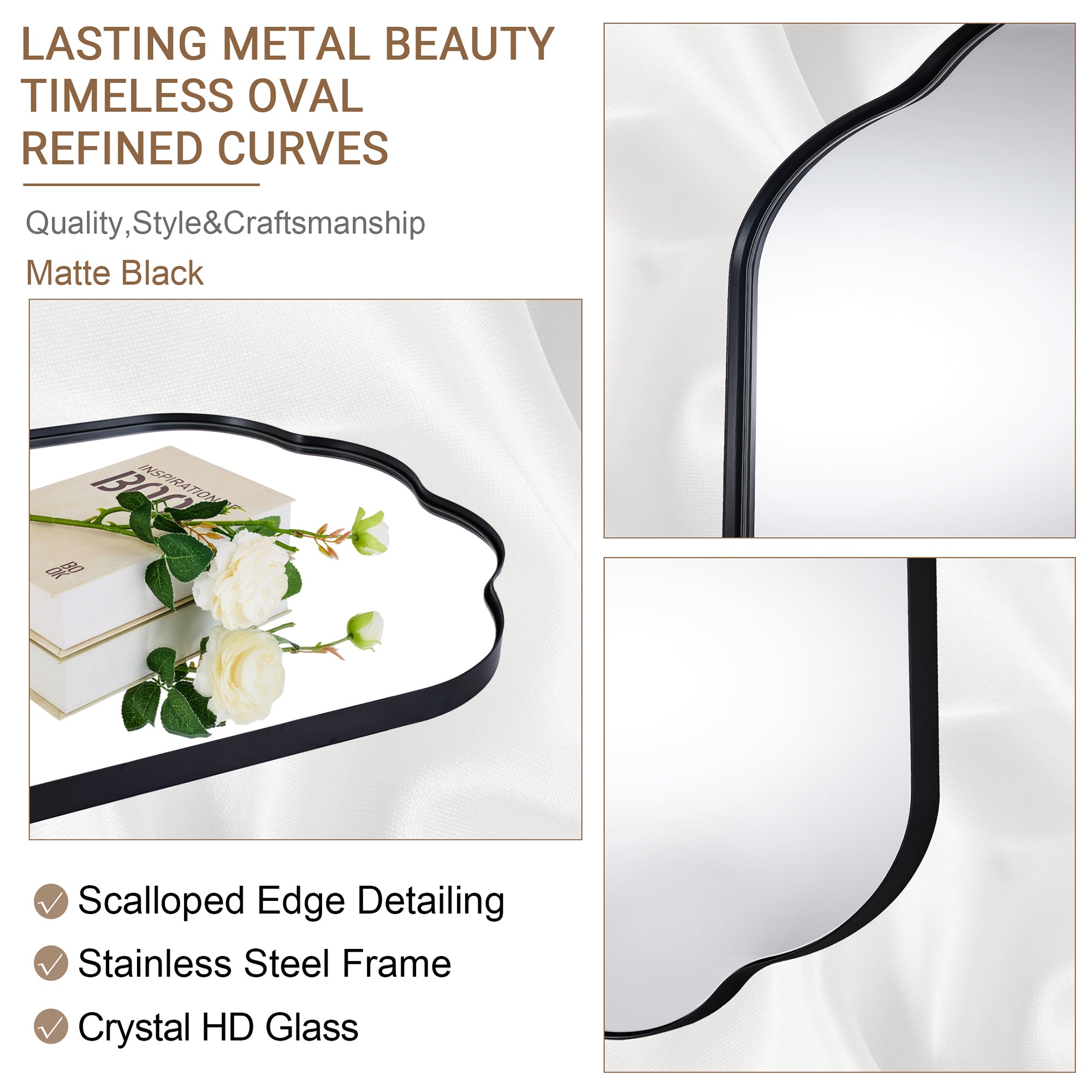 Contemporary Oval Scalloped Bathroom Vanity Wall Mirror| Stainless Steel Framed