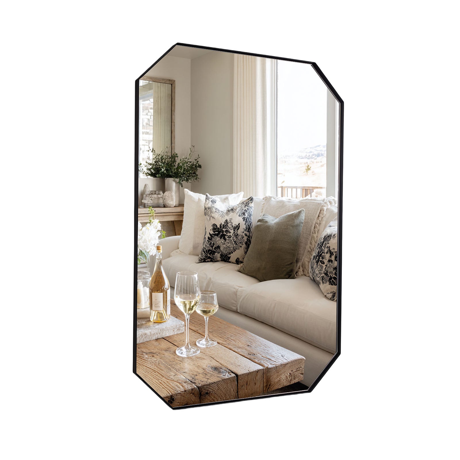 Contemporary Cut Corner Octagonal Scalloped Rectangle Mirror for Bathroom |Stainless Steel Frame