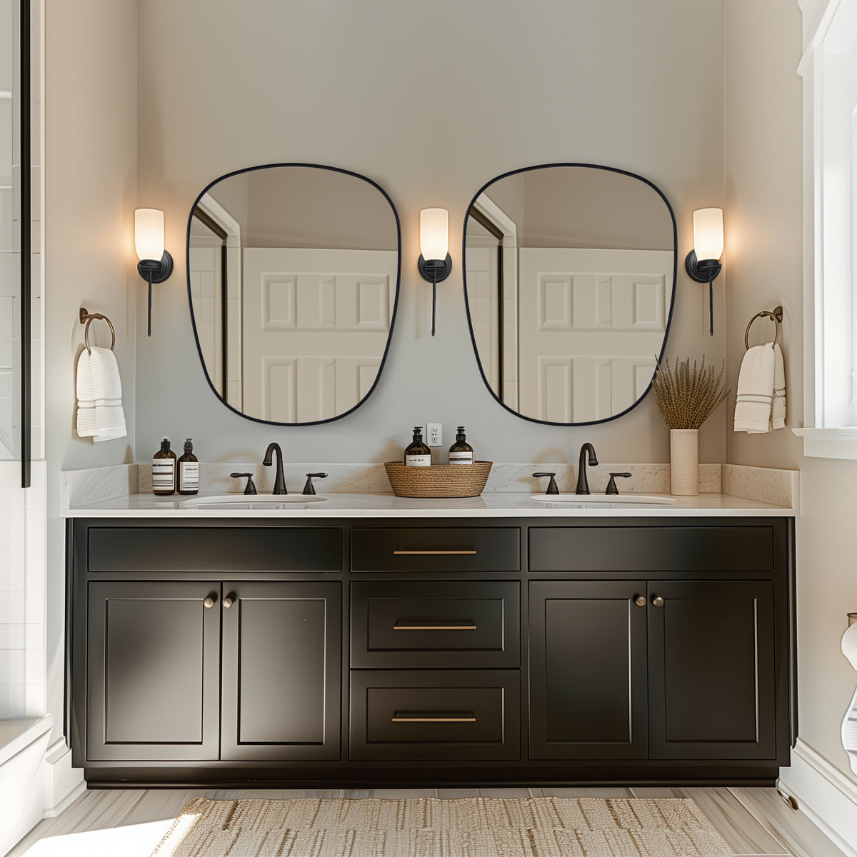 Contemporary Irregular Pebble Organic Bathroom Wall Mirror Asymmetric Decorative Mirror | Stainless Steel Frame