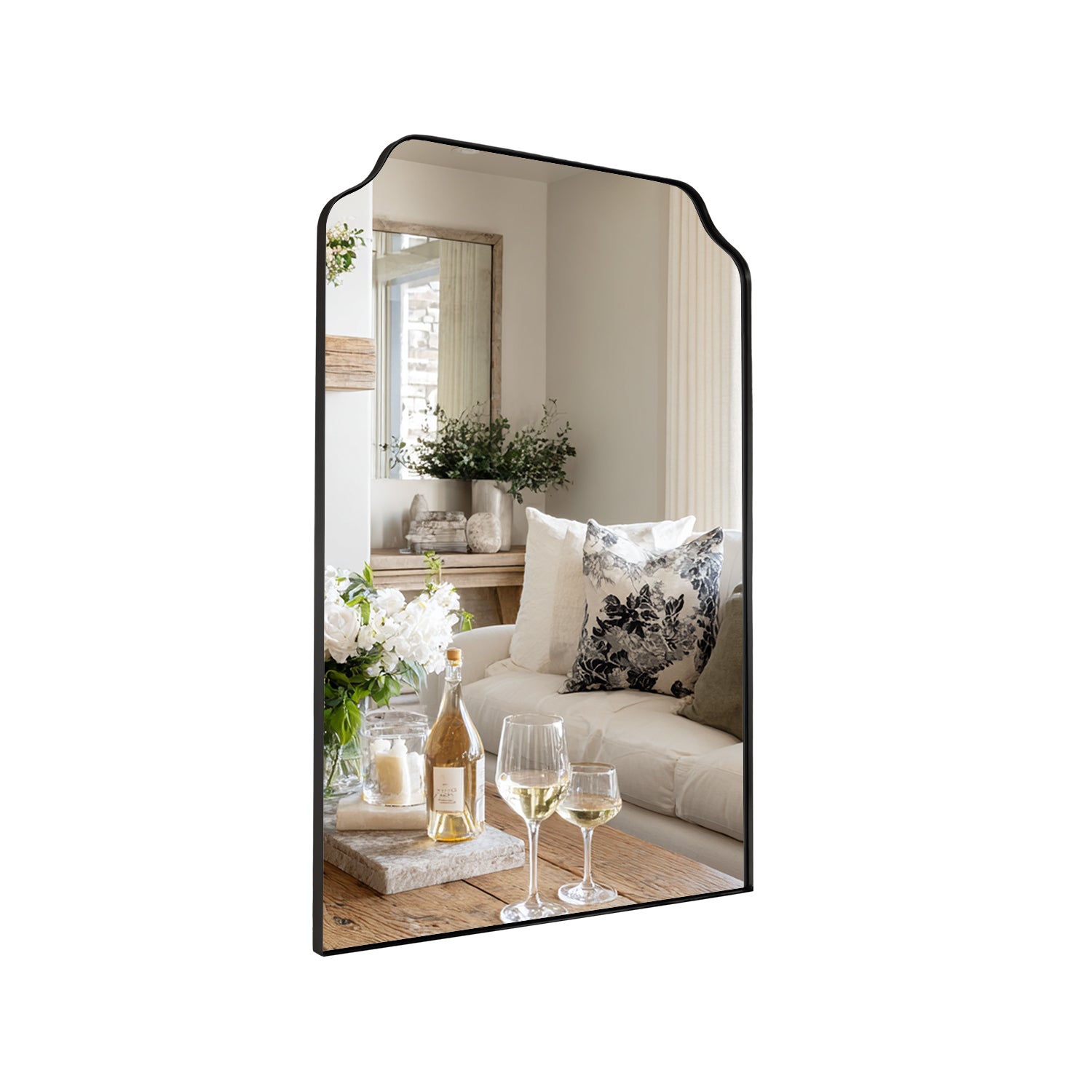 Modern Top Notched Corner Scalloped Bathroom Rectangle Vanity Wall Mirror | Stainless Steel Frame