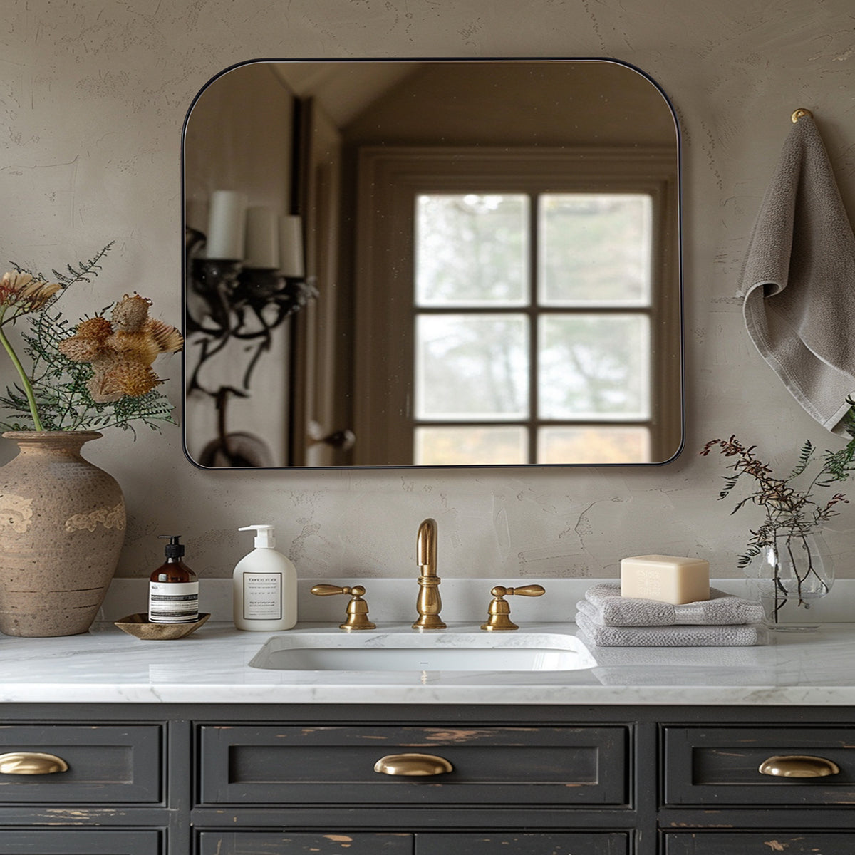 Modern Mantel Wide Arch Rectangle Bathroom Vanity Mirror | Stainless Steel Frame