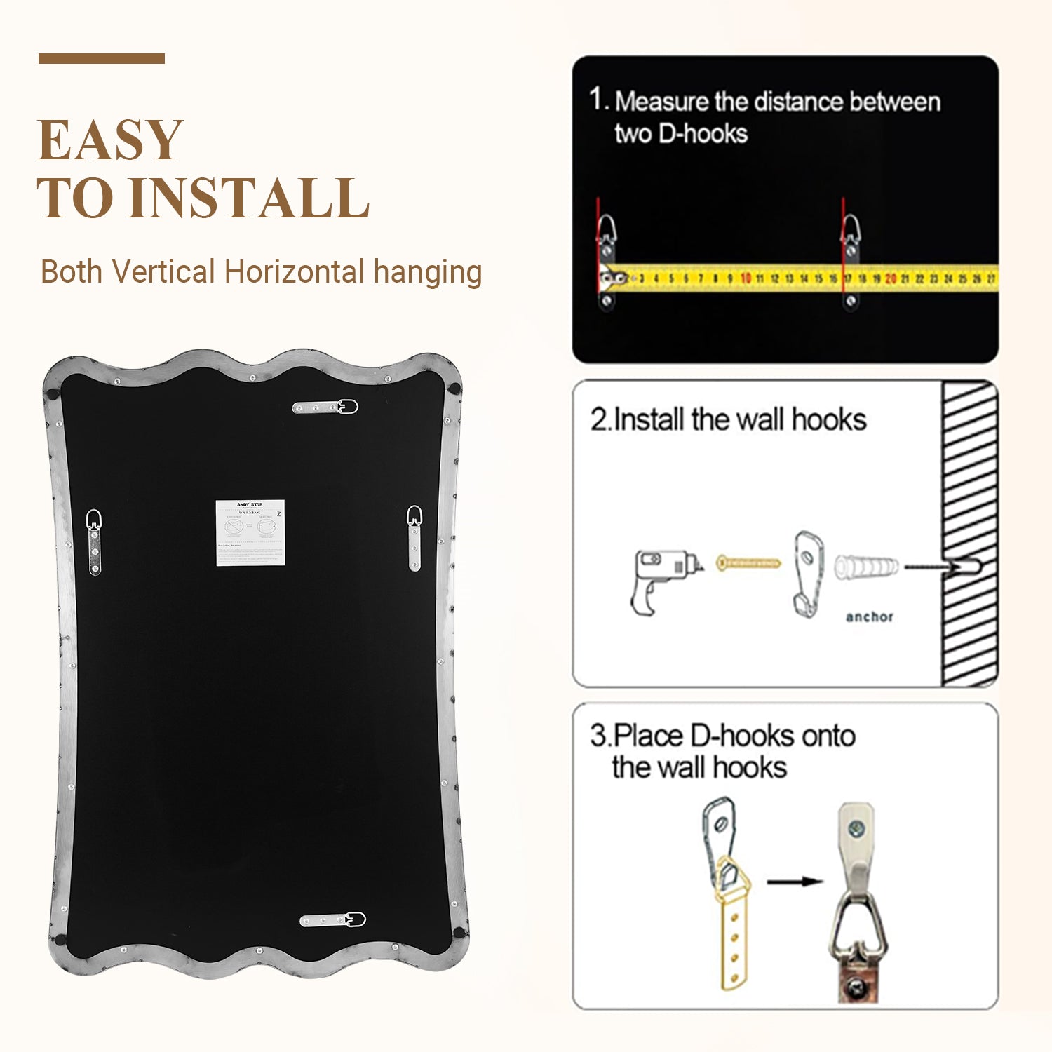 Contemporary Wavy Scalloped Rectangle Mirror Decorative Bathroom Mirror | Stainless Steel Frame