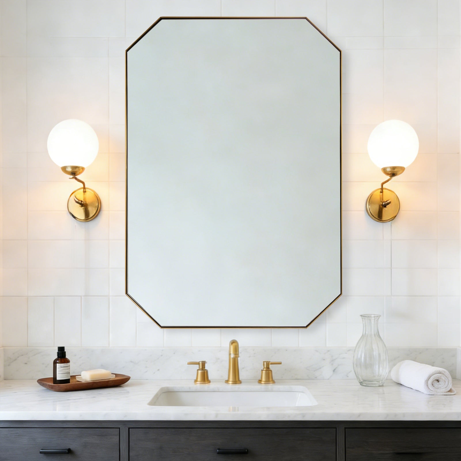 Contemporary Cut Corner Octagonal Scalloped Rectangle Mirror for Bathroom |Stainless Steel Frame